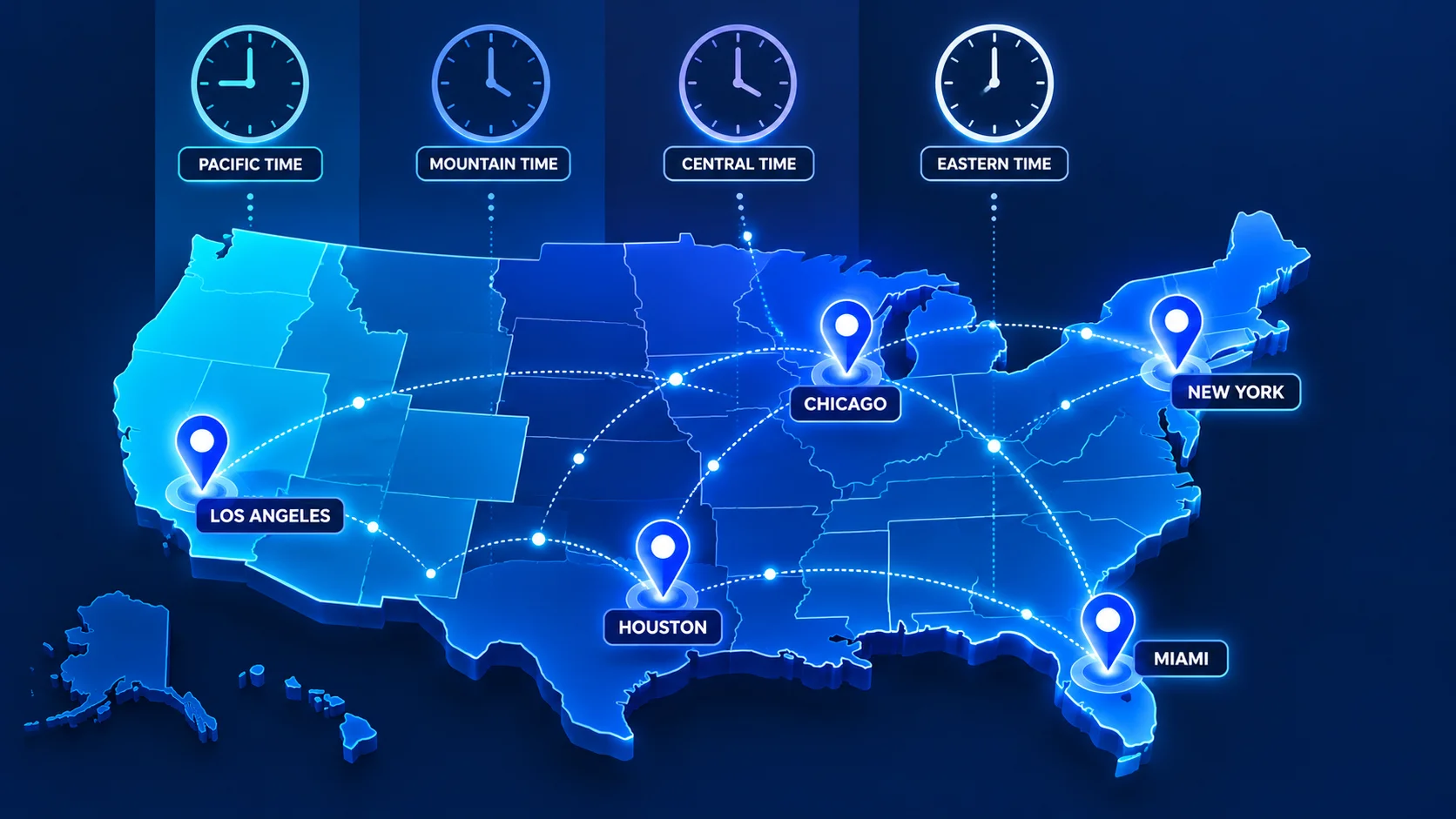 Stylized map of the United States with city pins and time zone clocks for regional ad targeting