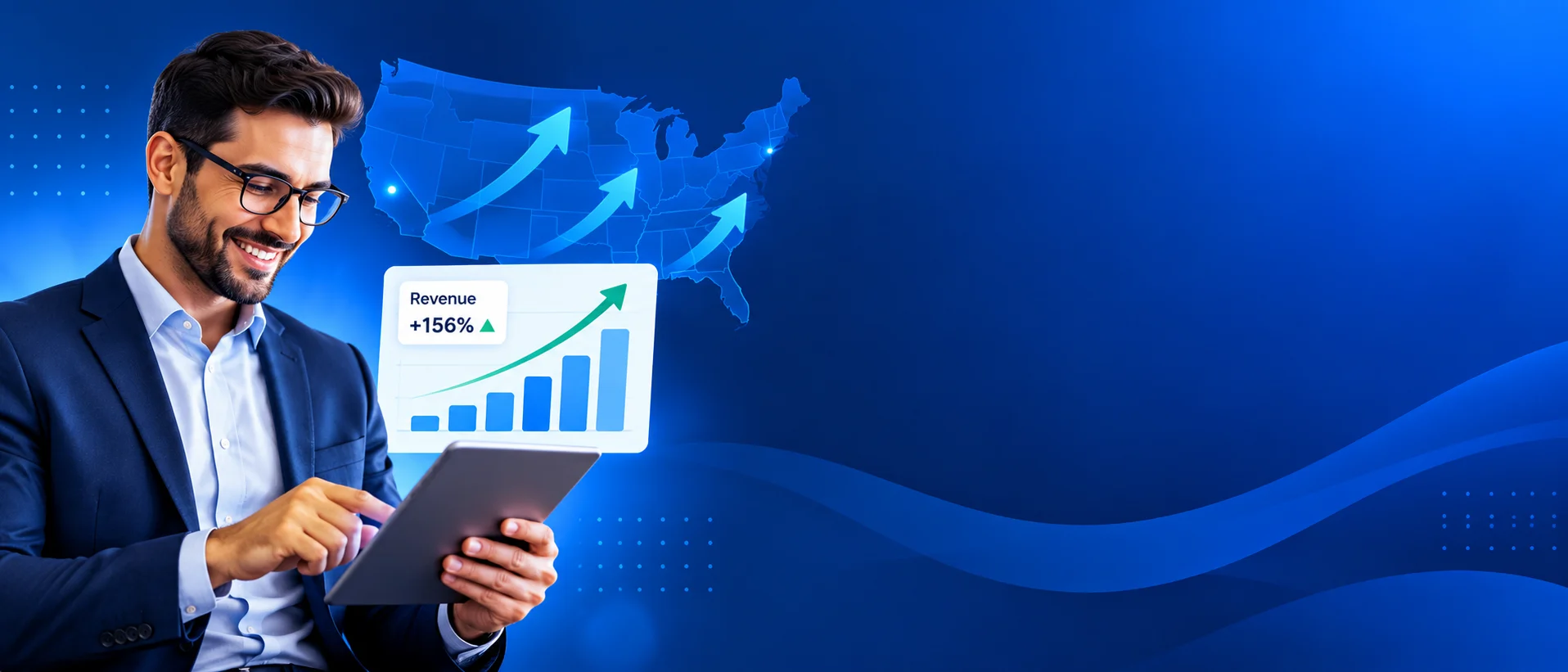 Business owner reviewing rising revenue charts on a tablet with a US map and upward arrows behind