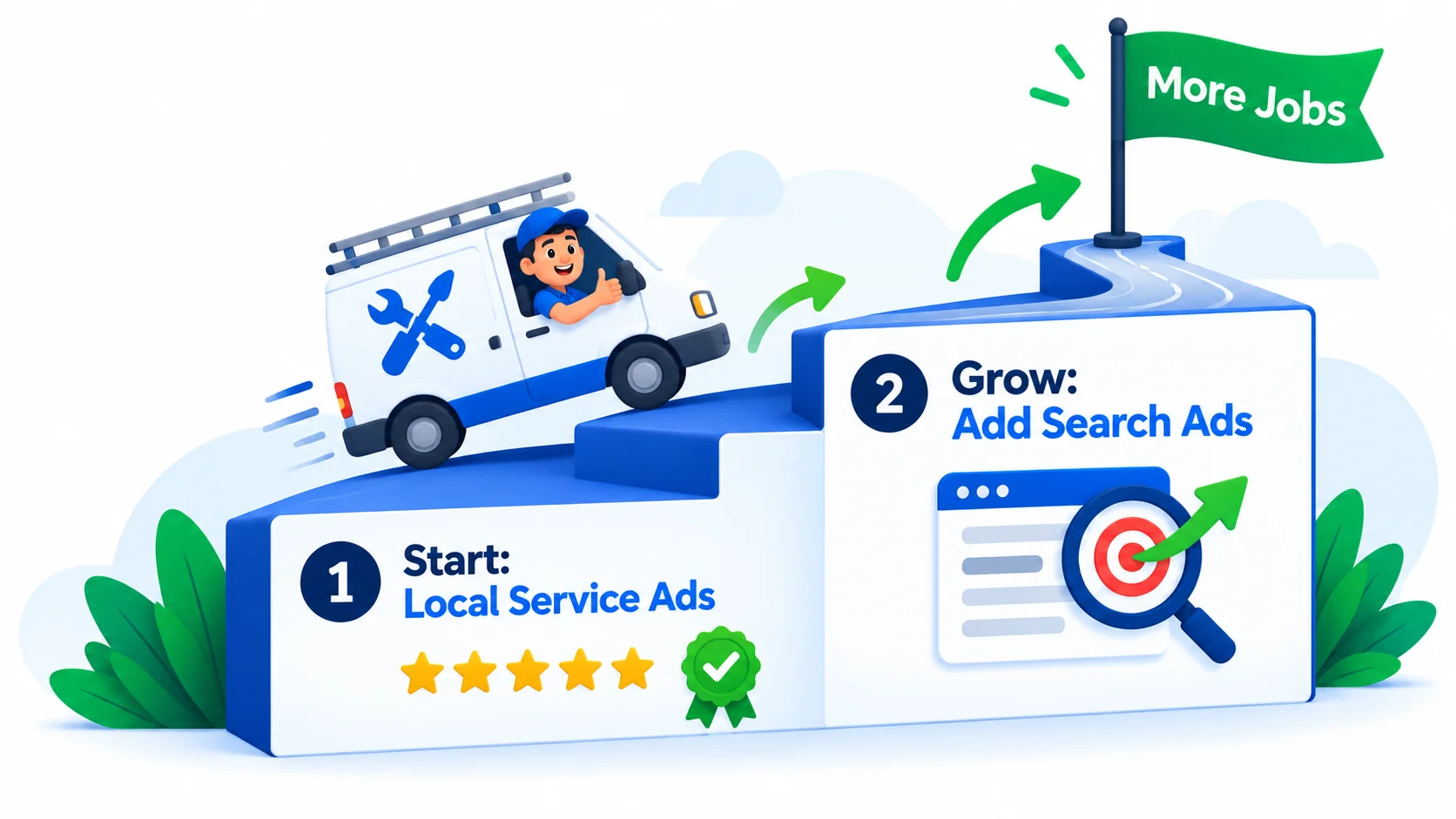 Two-step staircase: start with Local Service Ads, then grow by adding Search Ads for more jobs