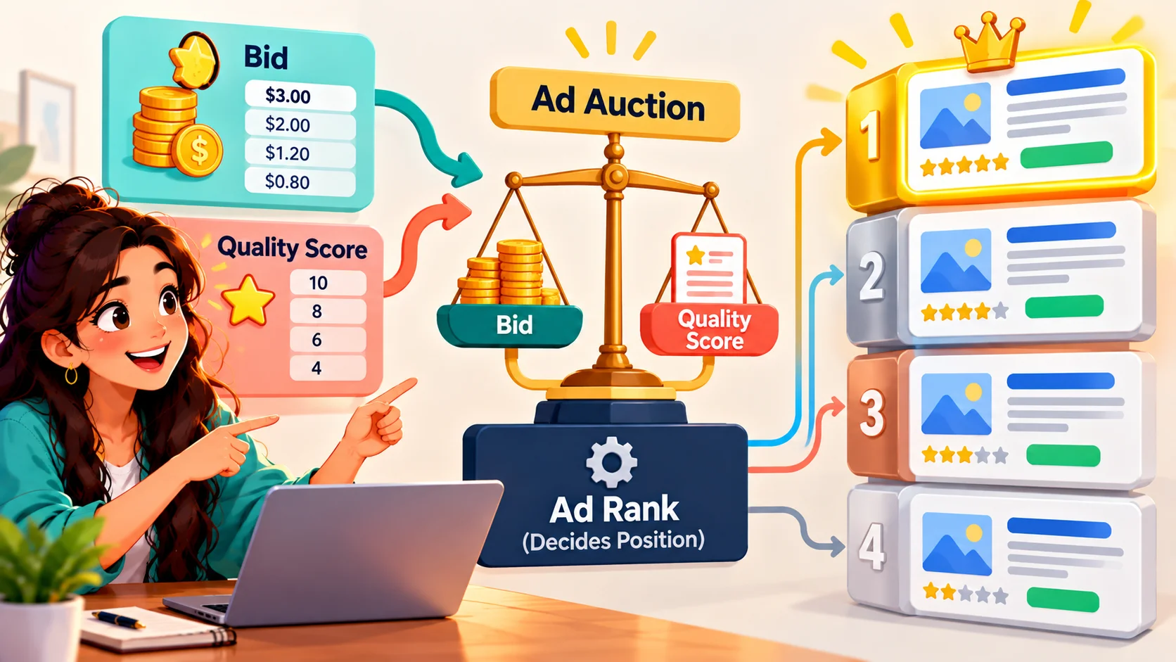 Google Ads auction diagram where bid and quality score decide which ad ranks first