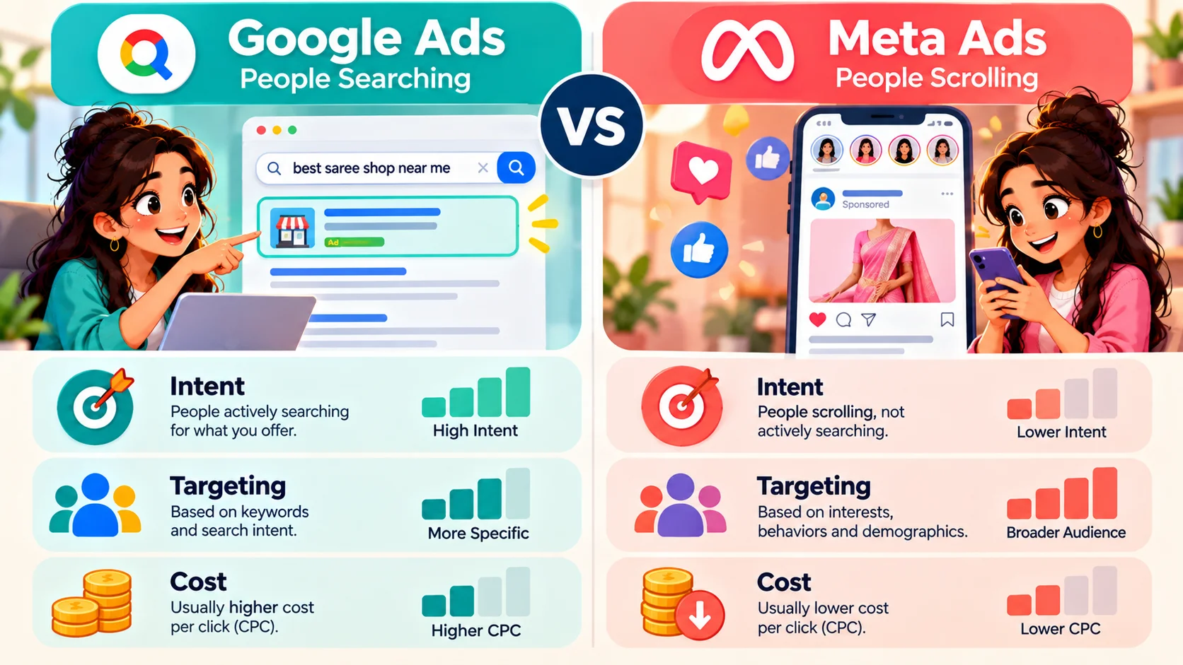 Google Ads for people searching versus Meta Ads for people scrolling, compared on intent, targeting and cost