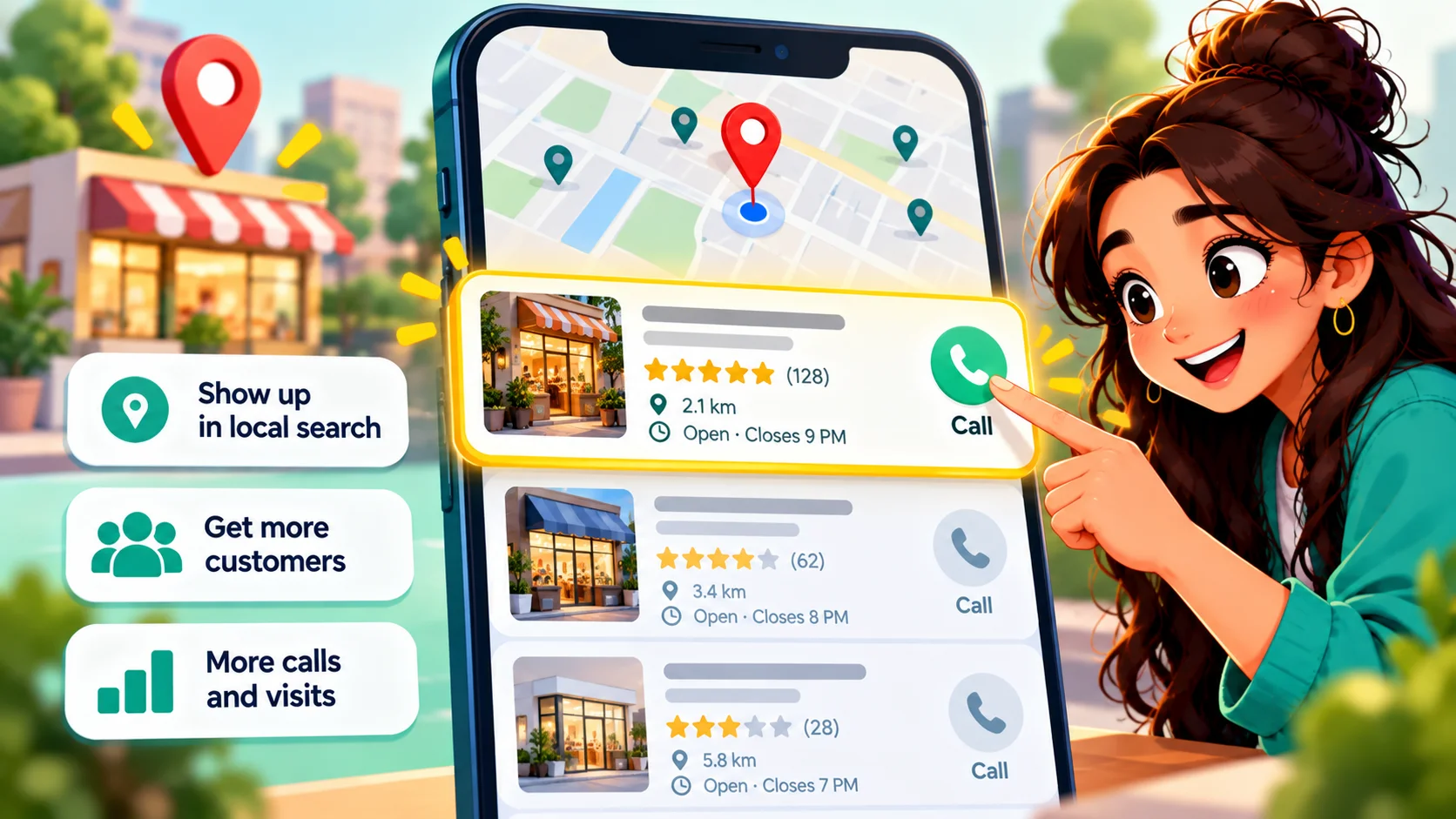 Phone showing the local pack with three map listings and the top one highlighted