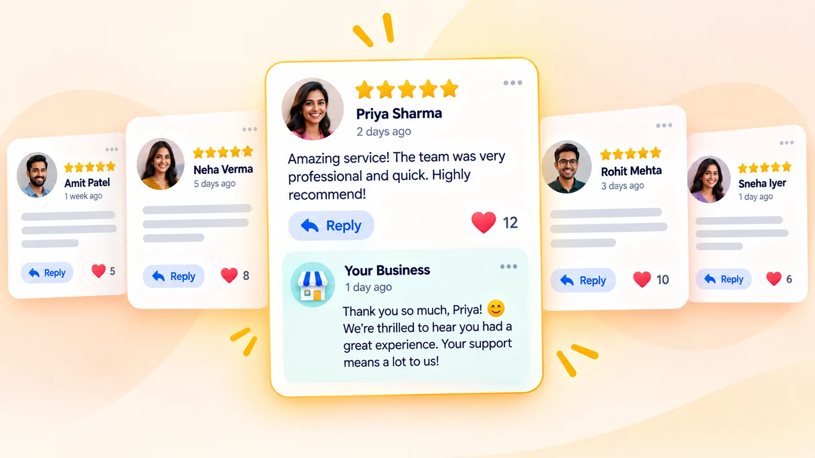 Five-star review bubbles with a reply button and thank-you response