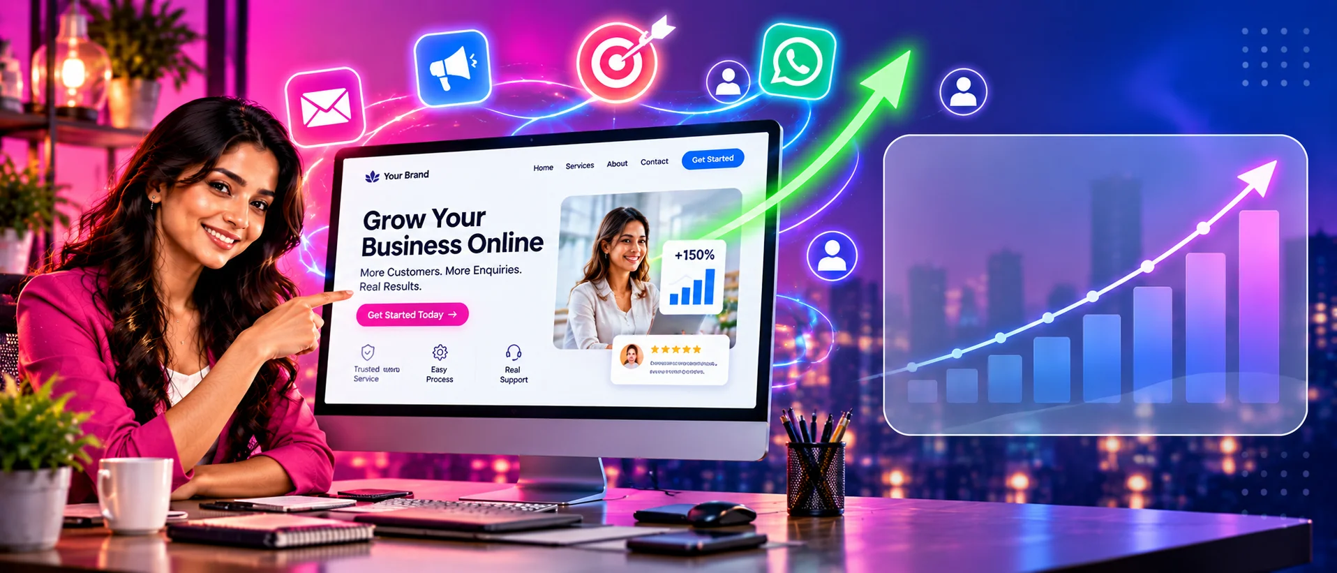 Business owner beside a clean landing page with a rising conversion arrow