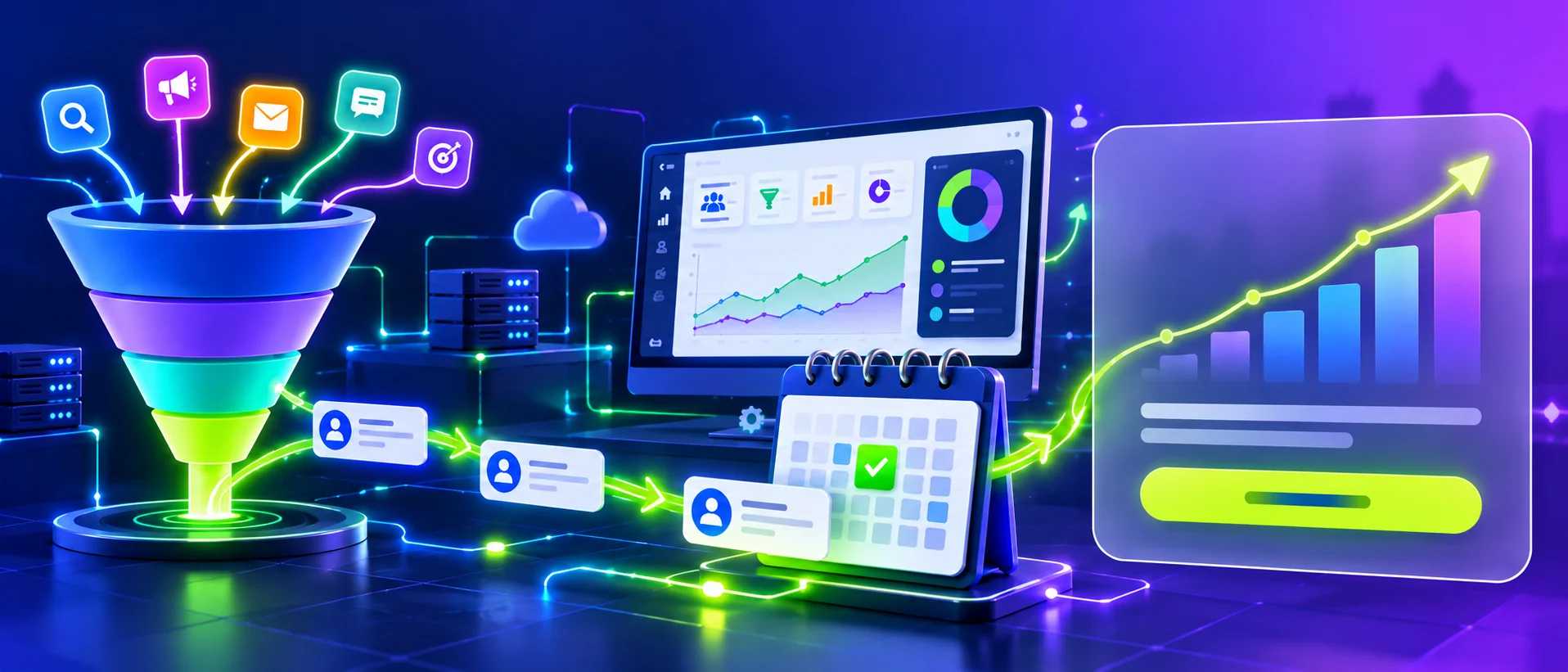 Funnel, dashboard and calendar connected by lines for B2B SaaS lead routing