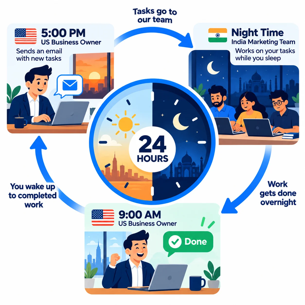 24-hour clock showing a US request sent in the evening and completed overnight by an India-based team