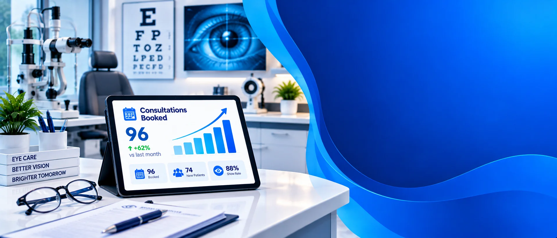 Ophthalmology clinic desk with a tablet showing rising consultations