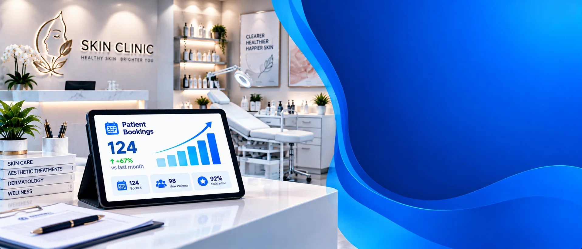 Skin clinic reception with a tablet showing growing bookings
