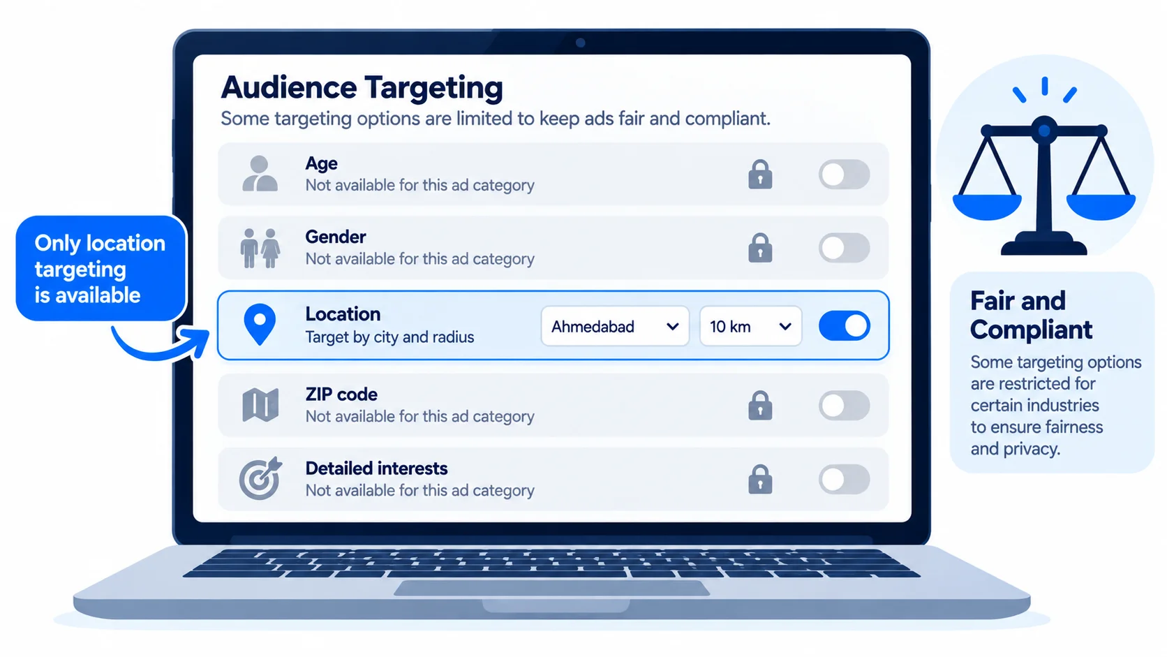 Ad targeting panel with age, gender, ZIP code and interests locked, and only city plus radius available