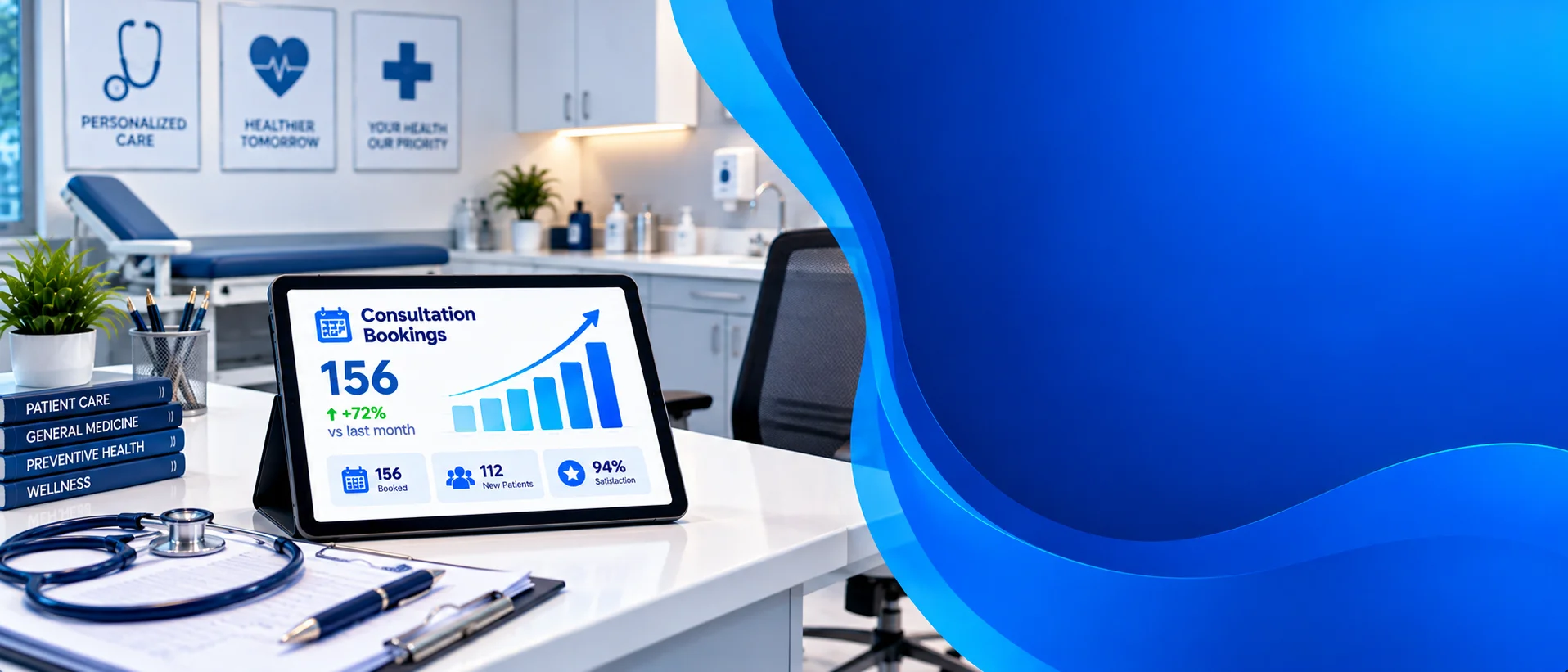 Clinic consultation desk with a tablet displaying rising consultation bookings