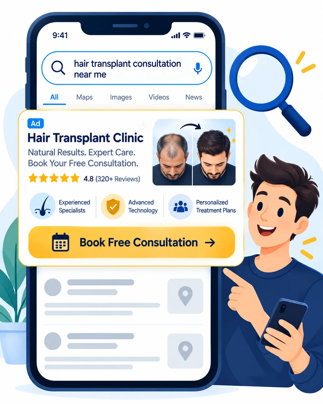 Smartphone search for hair transplant consultation with a trusted clinic ad and booking button