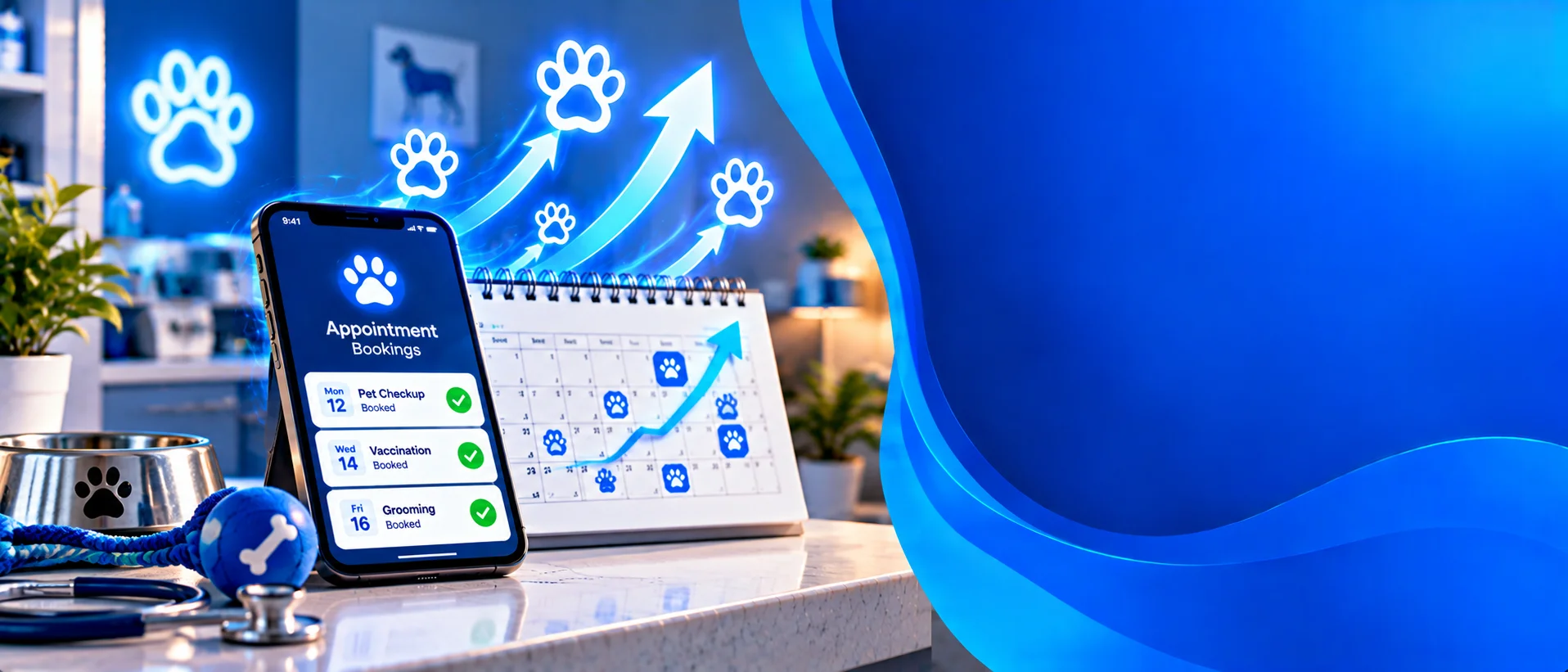 Paw print and a calendar showing rising appointments