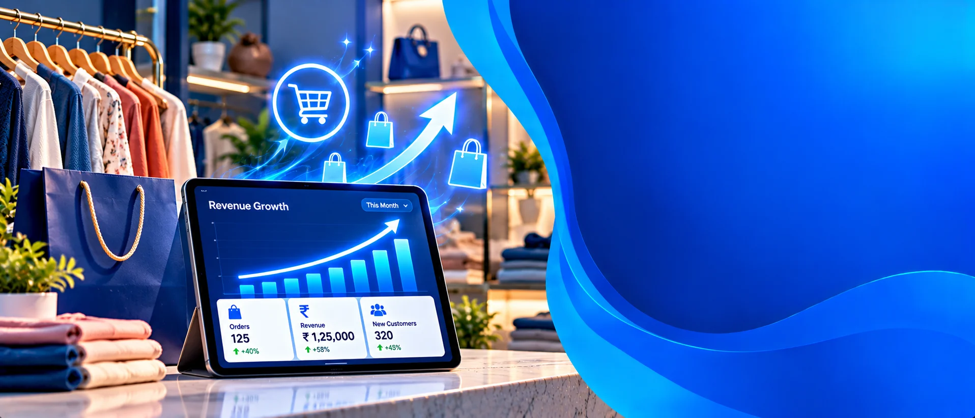 Clothing hangers and a shopping bag with a rising revenue chart