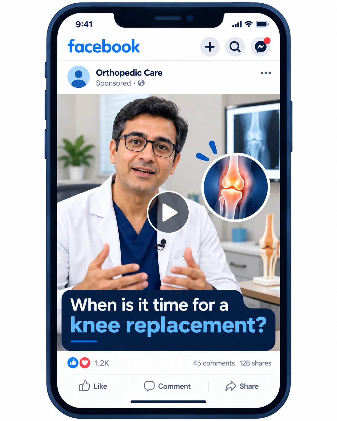 Smartphone showing a Facebook-style surgeon video ad asking when it is time for a knee replacement