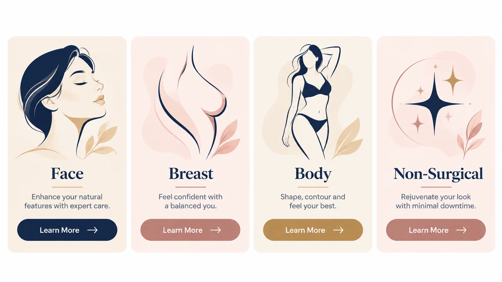 Four plastic surgery campaign categories: face, breast, body and non-surgical