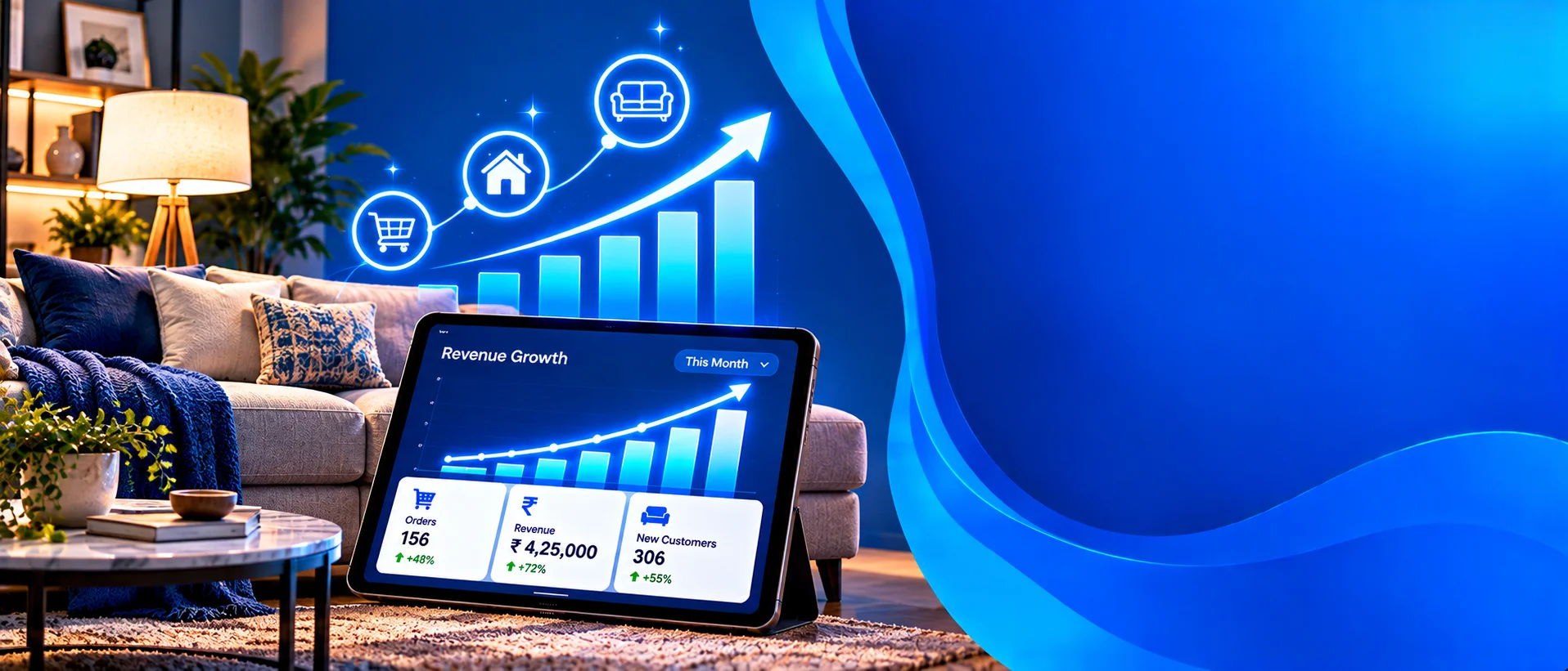 Sofa and lamp silhouette with a rising revenue chart