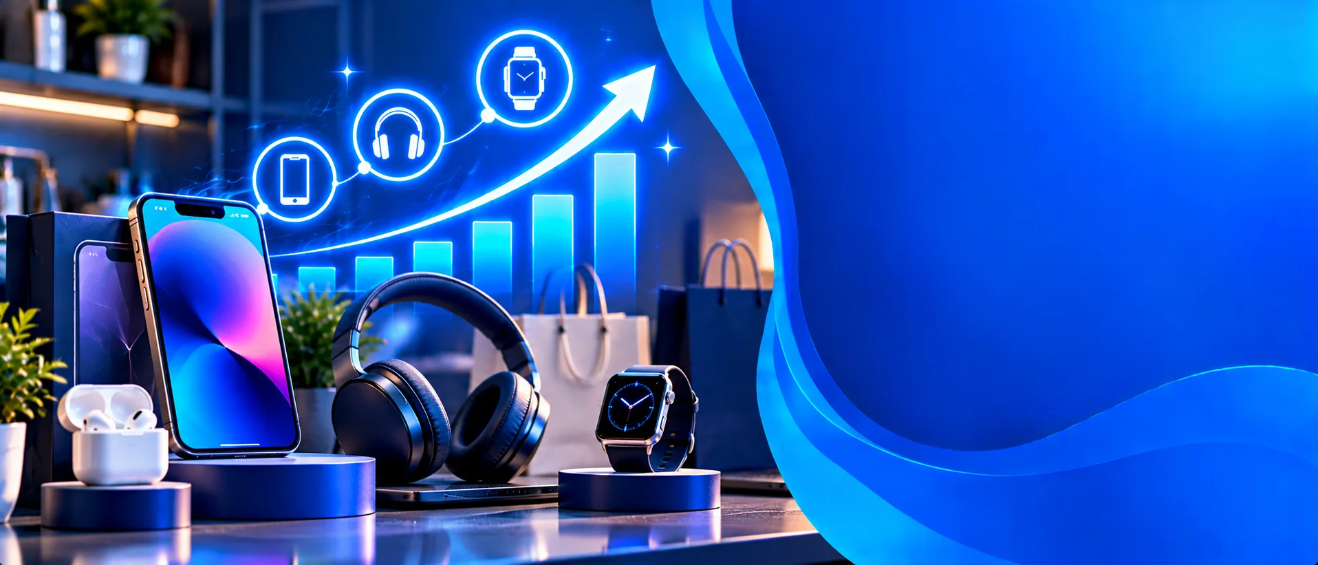 Gadget icons (phone, headphones, watch) with a rising revenue chart