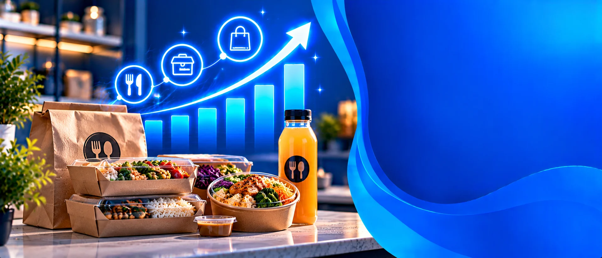 Food boxes and a bottle with a rising revenue chart
