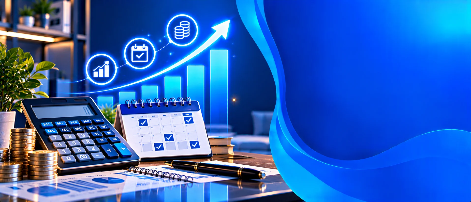 Calculator, calendar and a rising bar chart