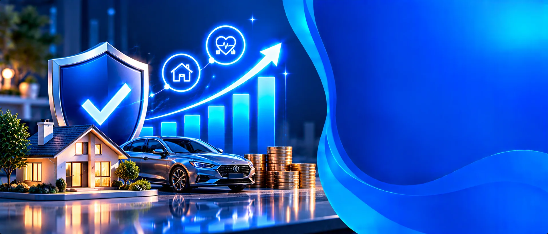 Shield, house and car icons with a rising chart
