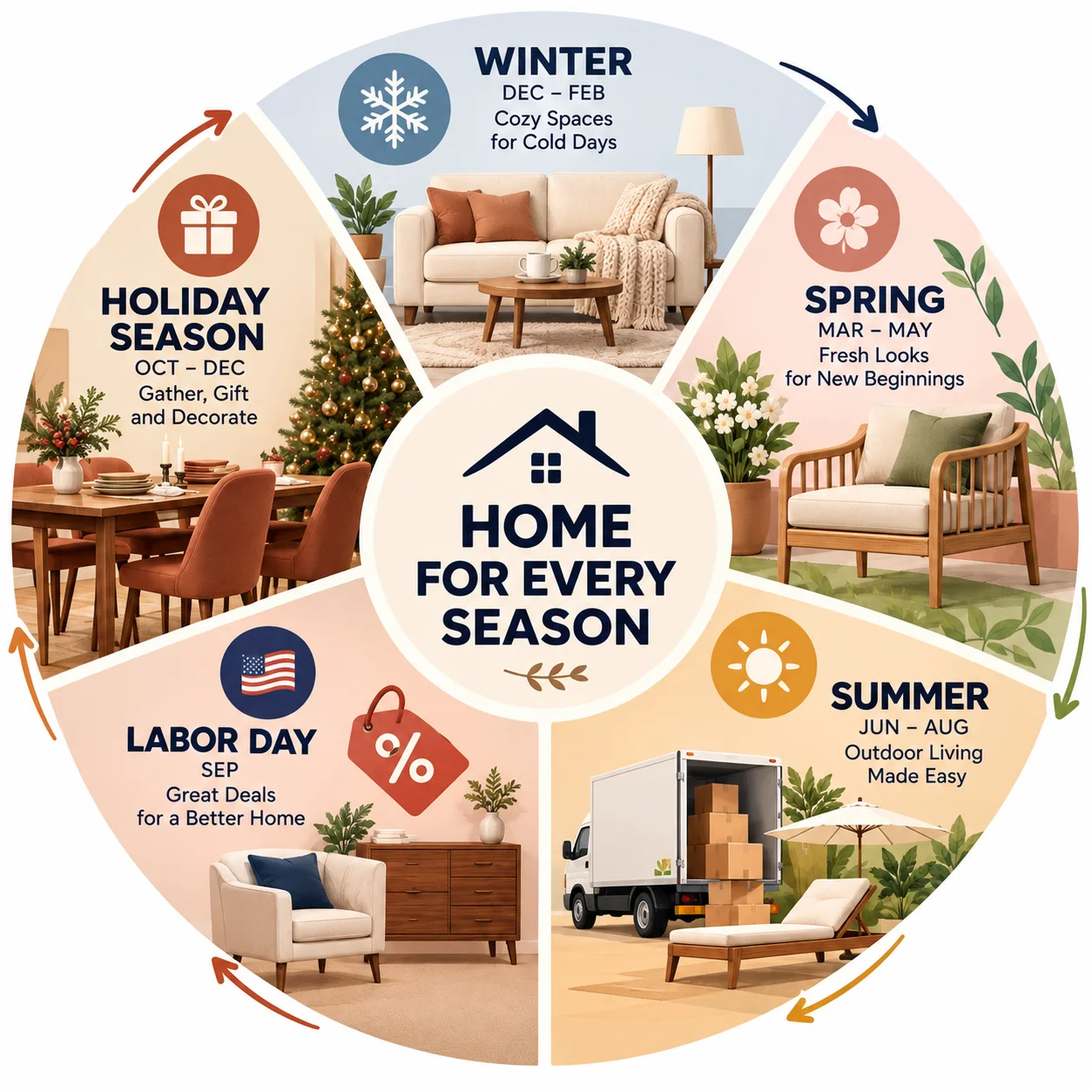 Annual calendar wheel of furniture selling seasons from winter refresh to the holiday season