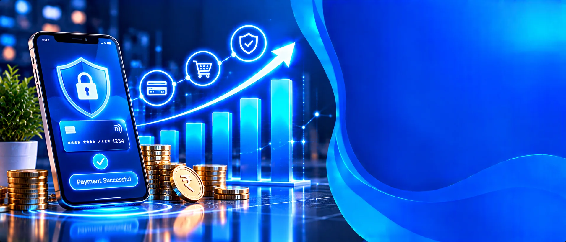 Phone with a secure payment screen and a rising chart