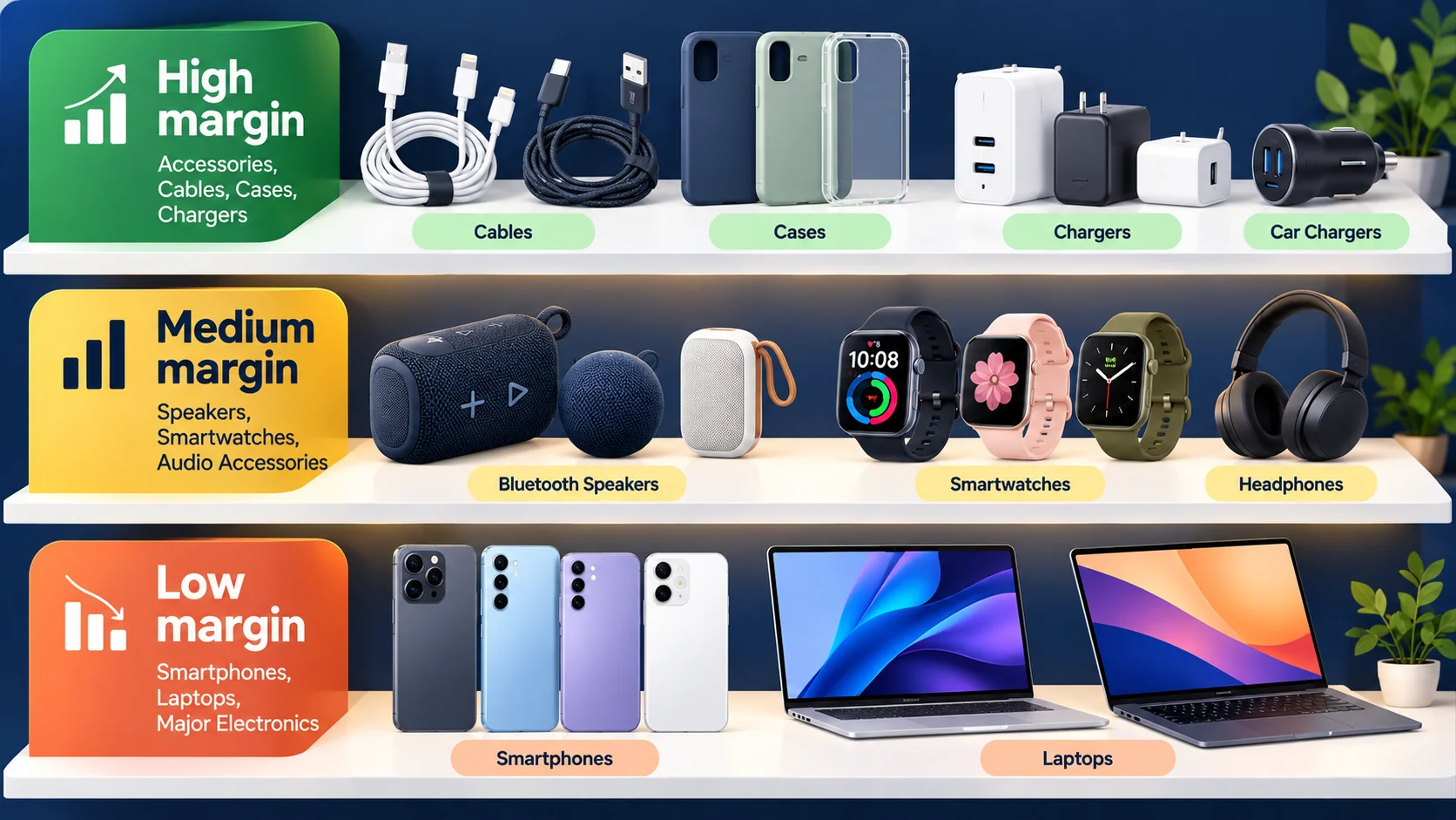 Three product shelves grouped by margin: high for accessories, medium for gadgets, low for phones and laptops