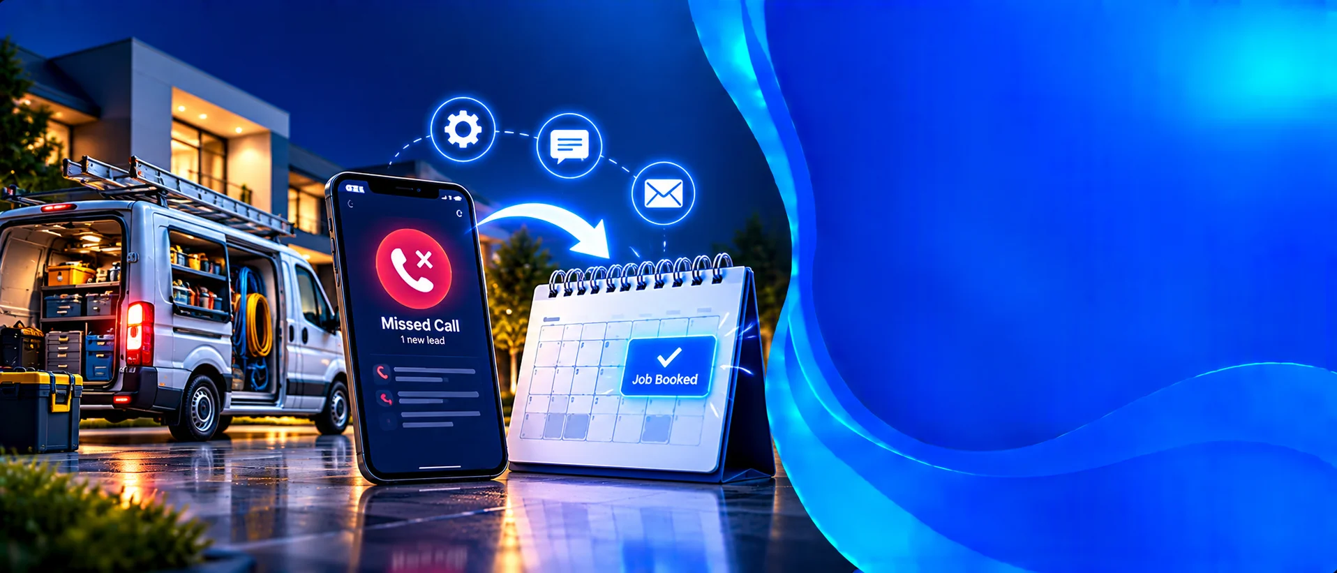 Service van and a phone with a missed call turning into a booked calendar slot