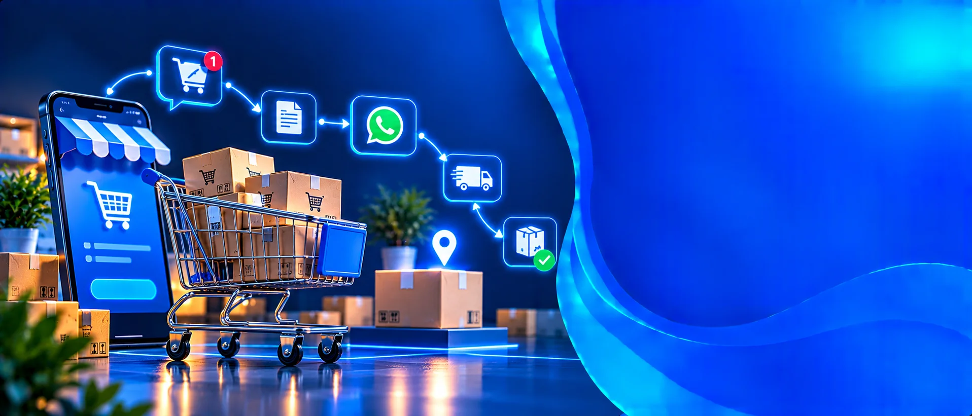 Shopping cart, parcel and message bubbles connected by lines