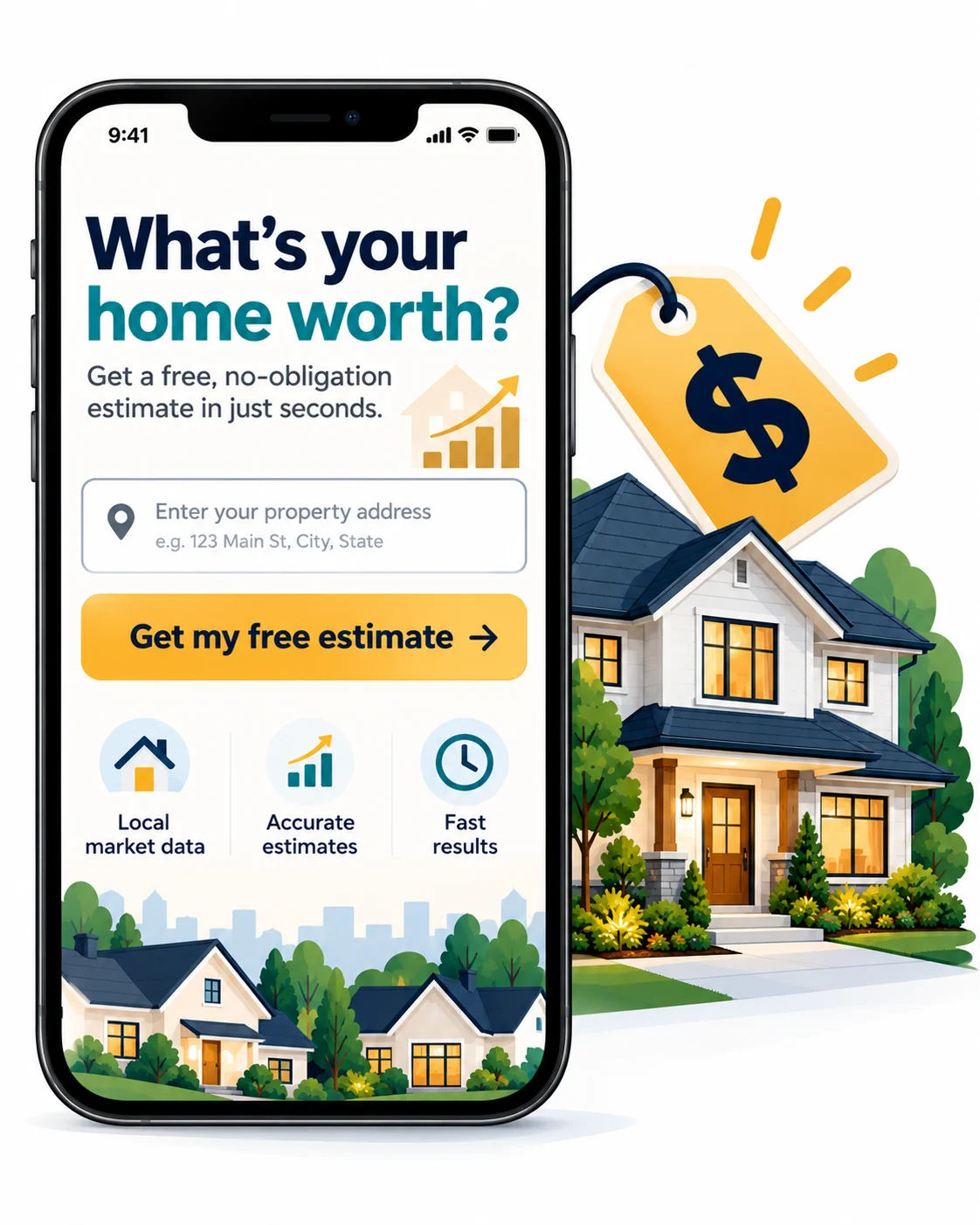 Smartphone home valuation tool with an address field and a free estimate button