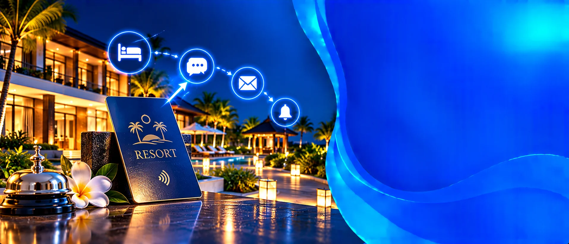 Resort building, key card and message bubbles