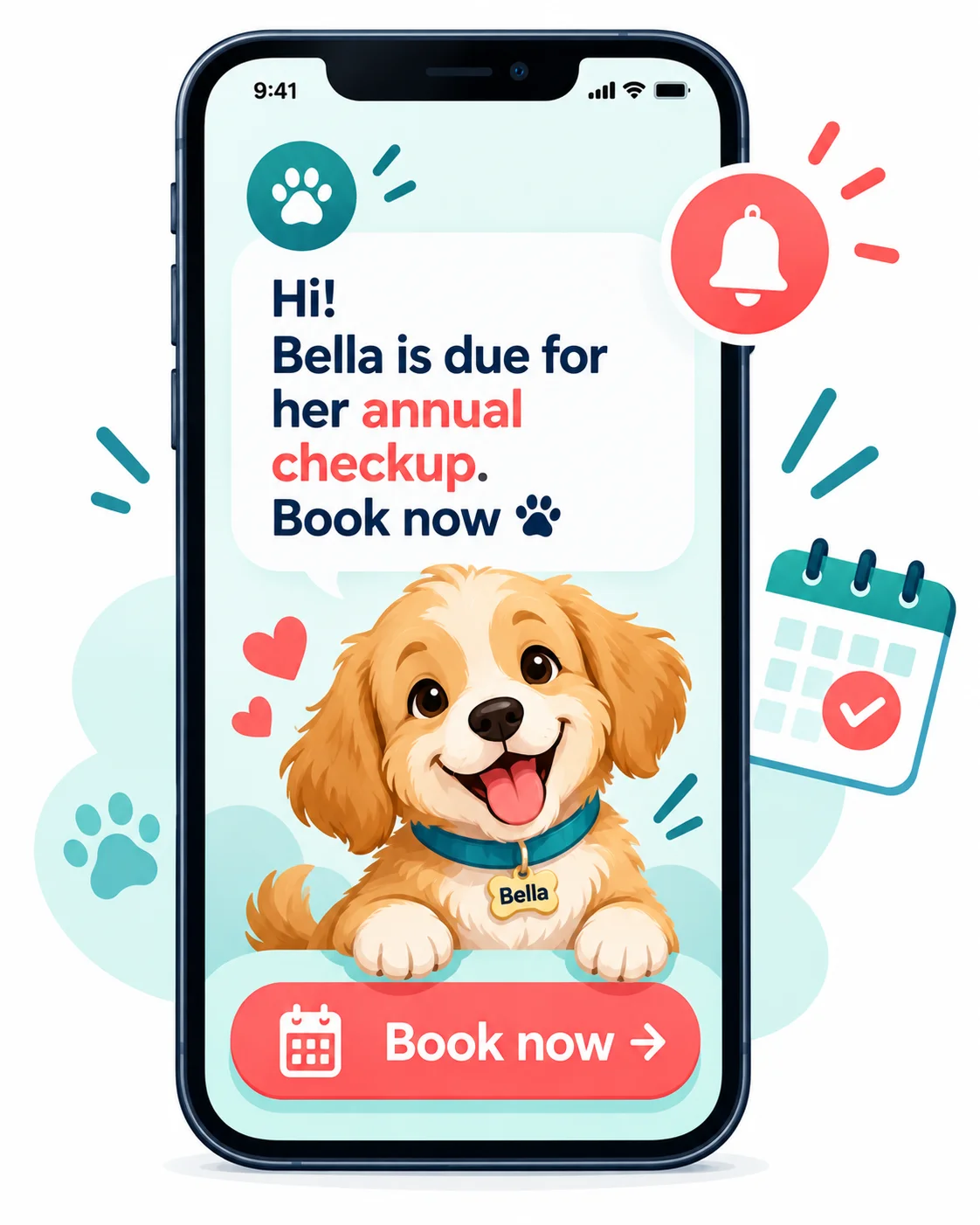Smartphone text reminder for a pet's annual checkup with a puppy illustration and a book button