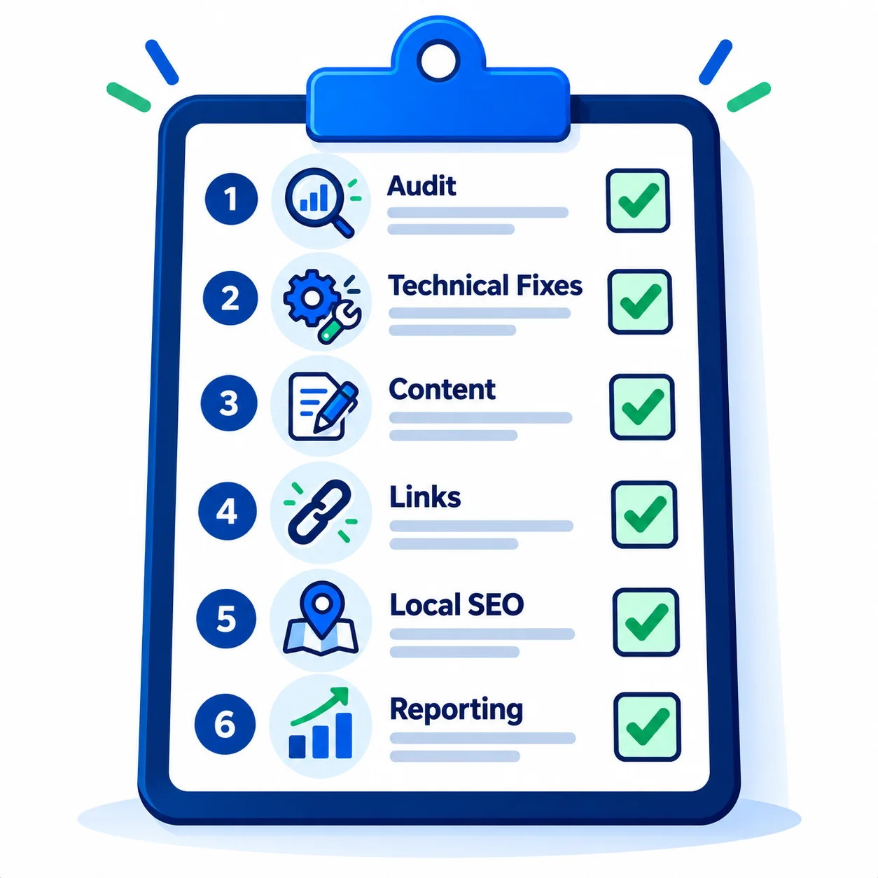 Checklist of six SEO retainer items: audit, technical fixes, content, links, local SEO, reporting