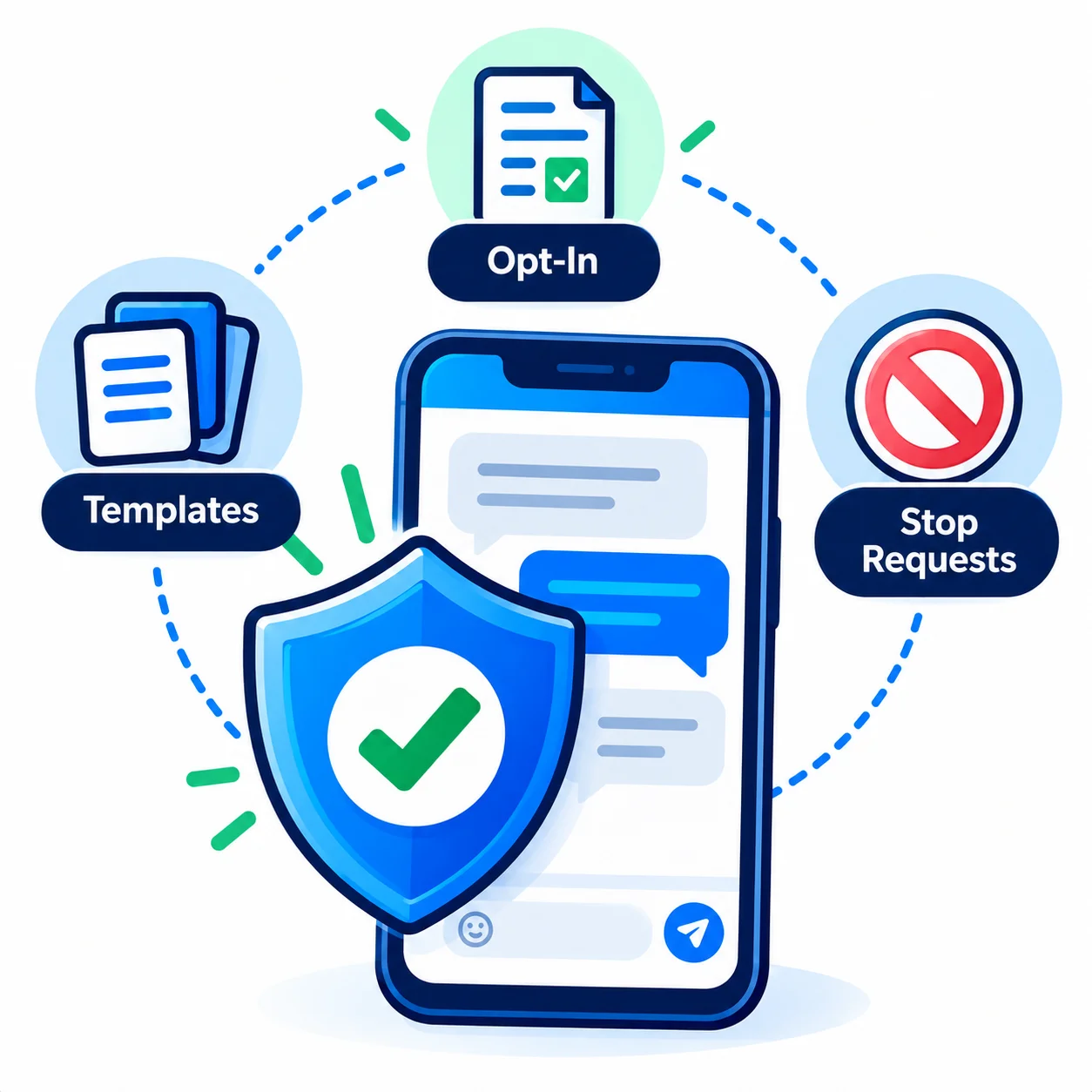 Shield with a check mark in front of a chat, surrounded by opt-in, template and stop-request icons