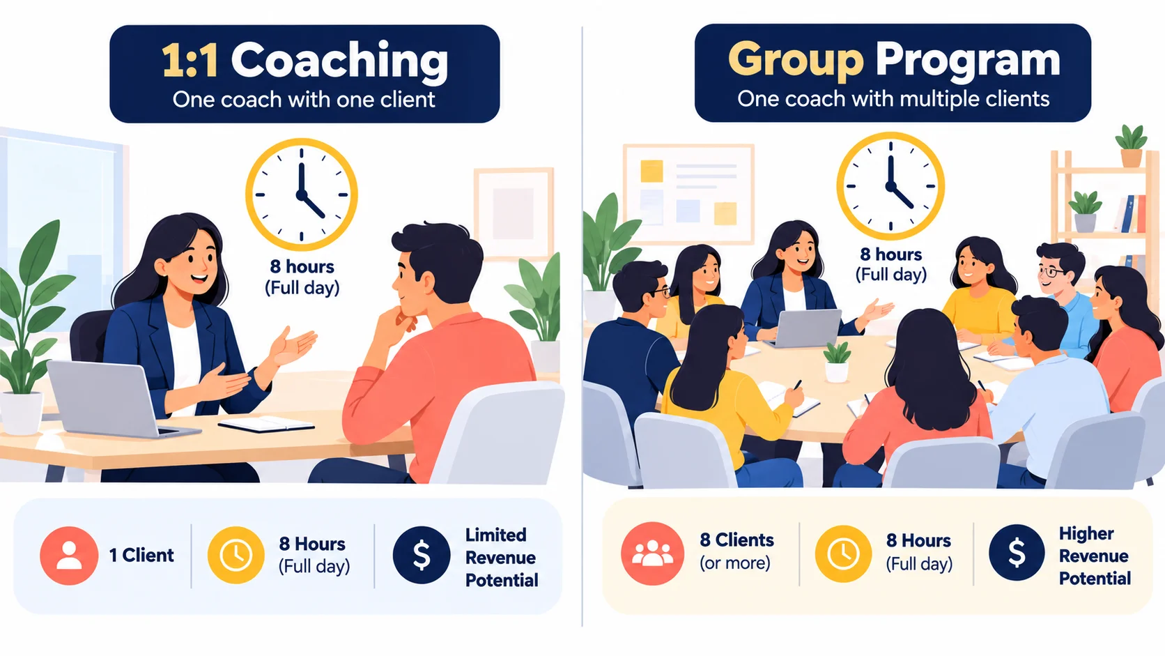 1:1 coaching with one client versus a group program with eight clients in the same amount of time