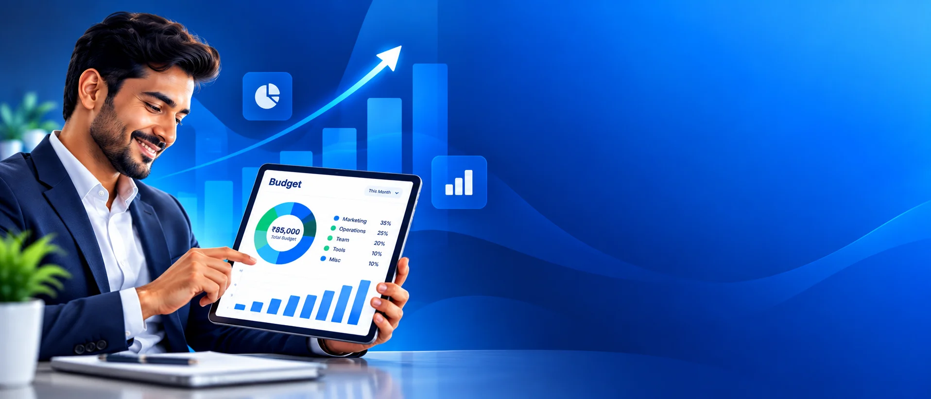 Business owner smiling at a tablet showing a clear marketing budget dashboard