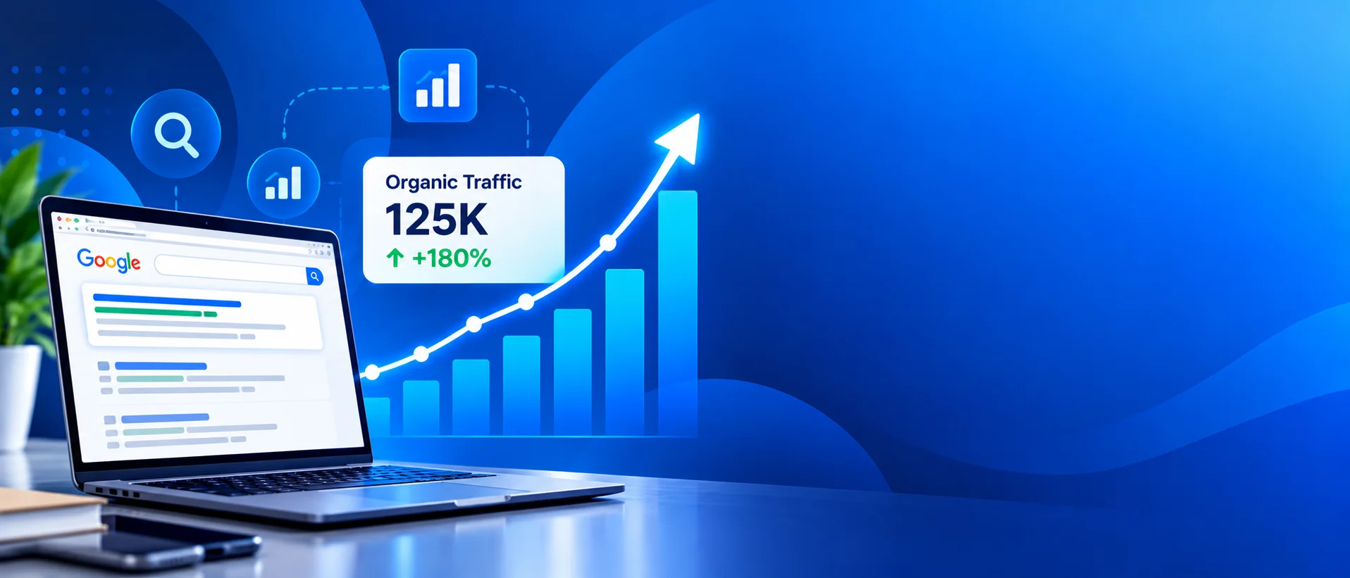 Rising organic traffic graph beside a laptop showing a search results page