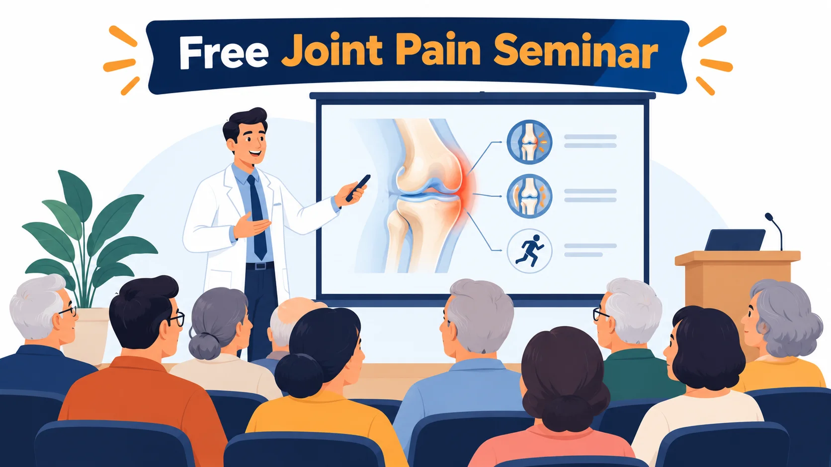 Surgeon presenting a knee joint diagram to older adults at a free joint pain seminar