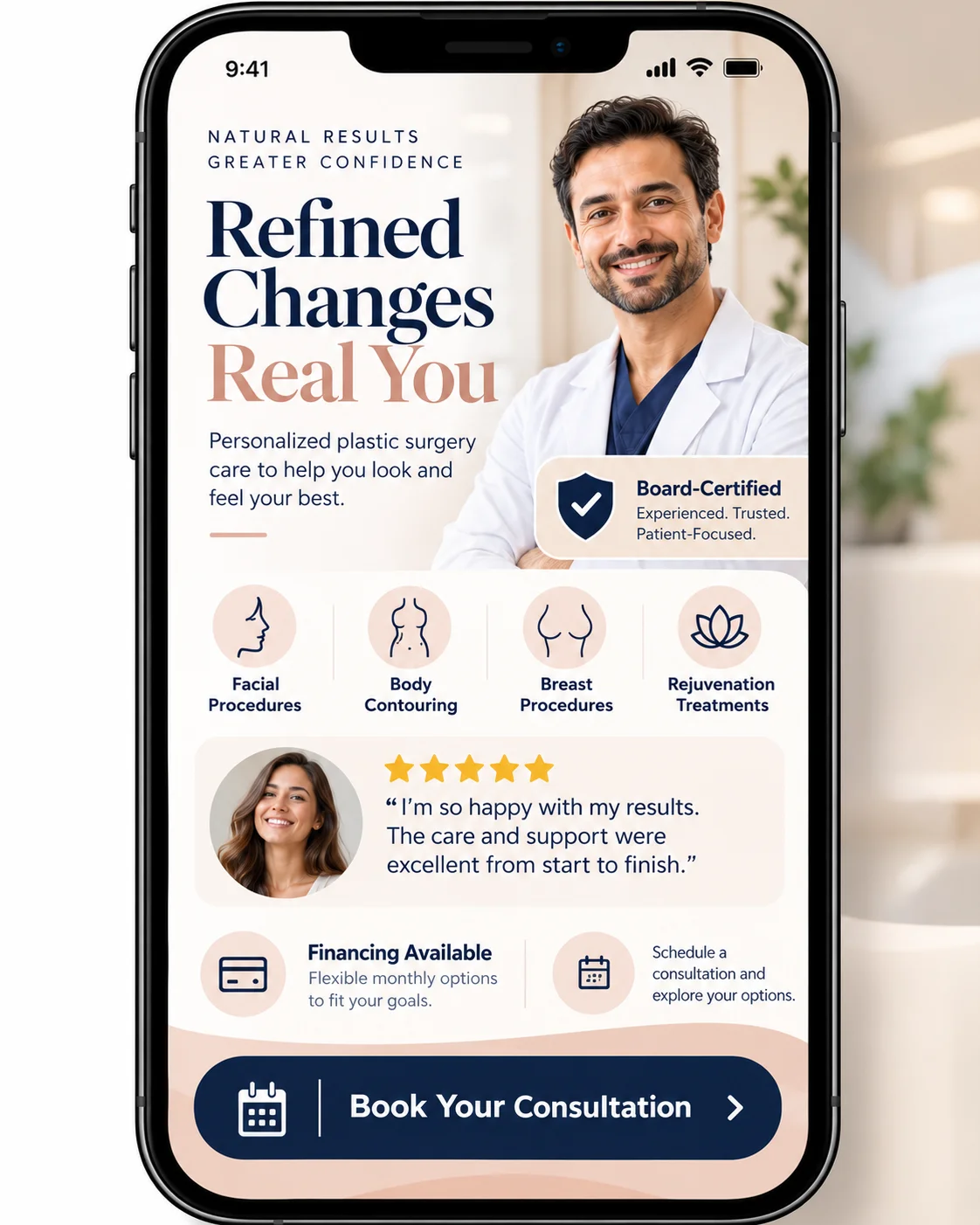 Smartphone mockup of a plastic surgery landing page with surgeon headshot, board-certified badge, reviews and consultation button