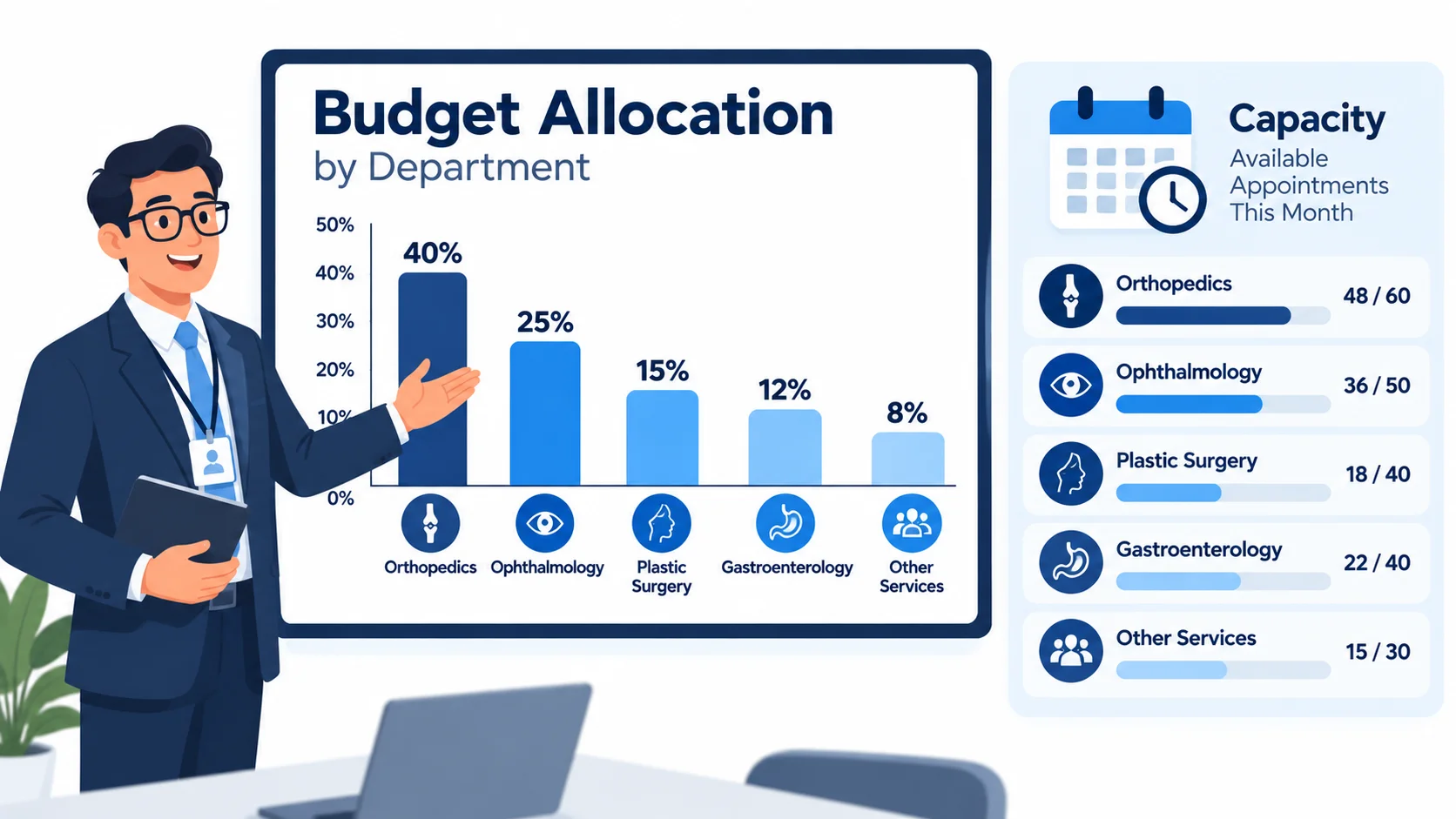 Bar chart of budget allocation across five hospital departments next to a capacity calendar