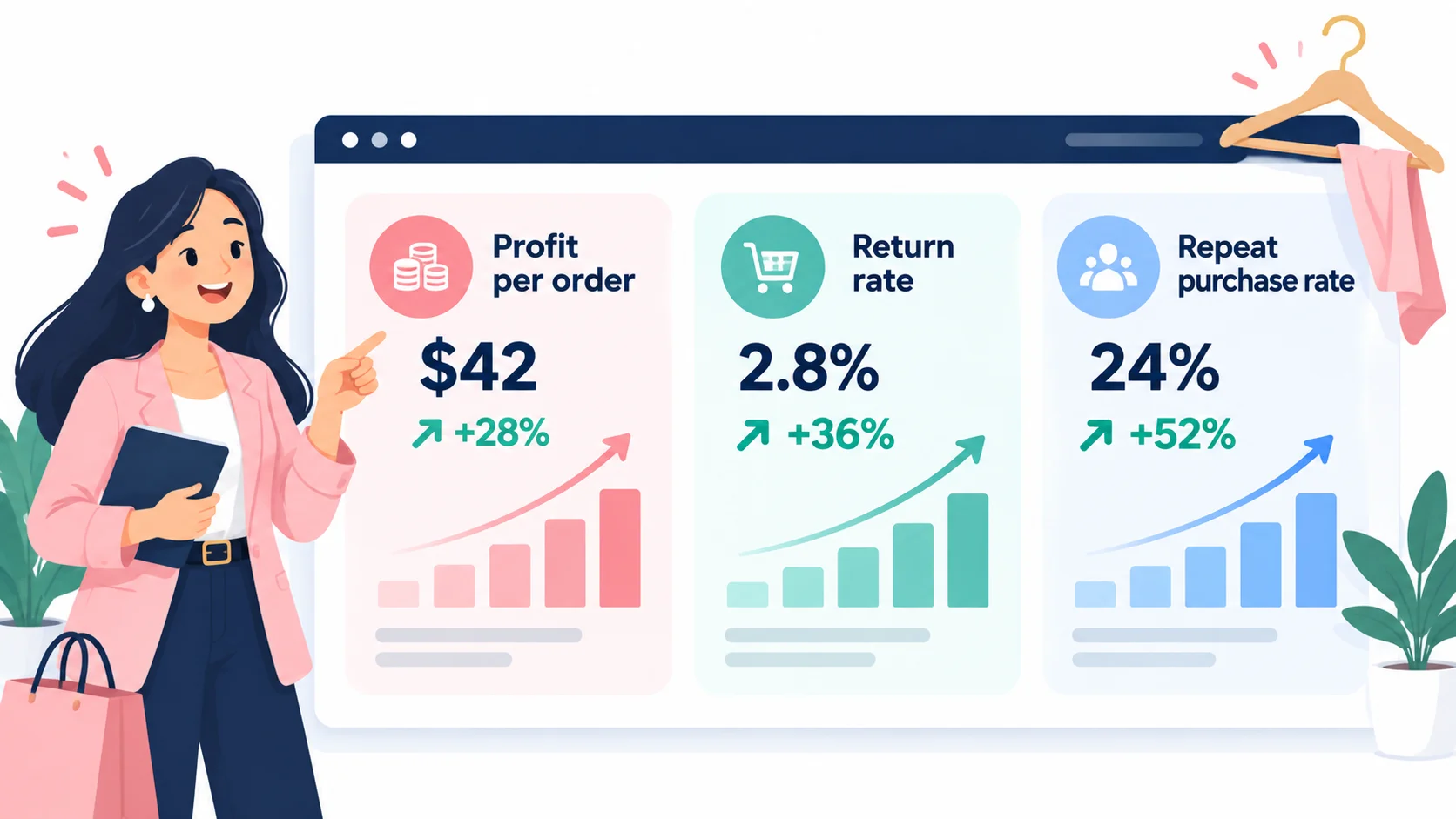 Dashboard with three cards: profit per order, return rate and repeat purchase rate