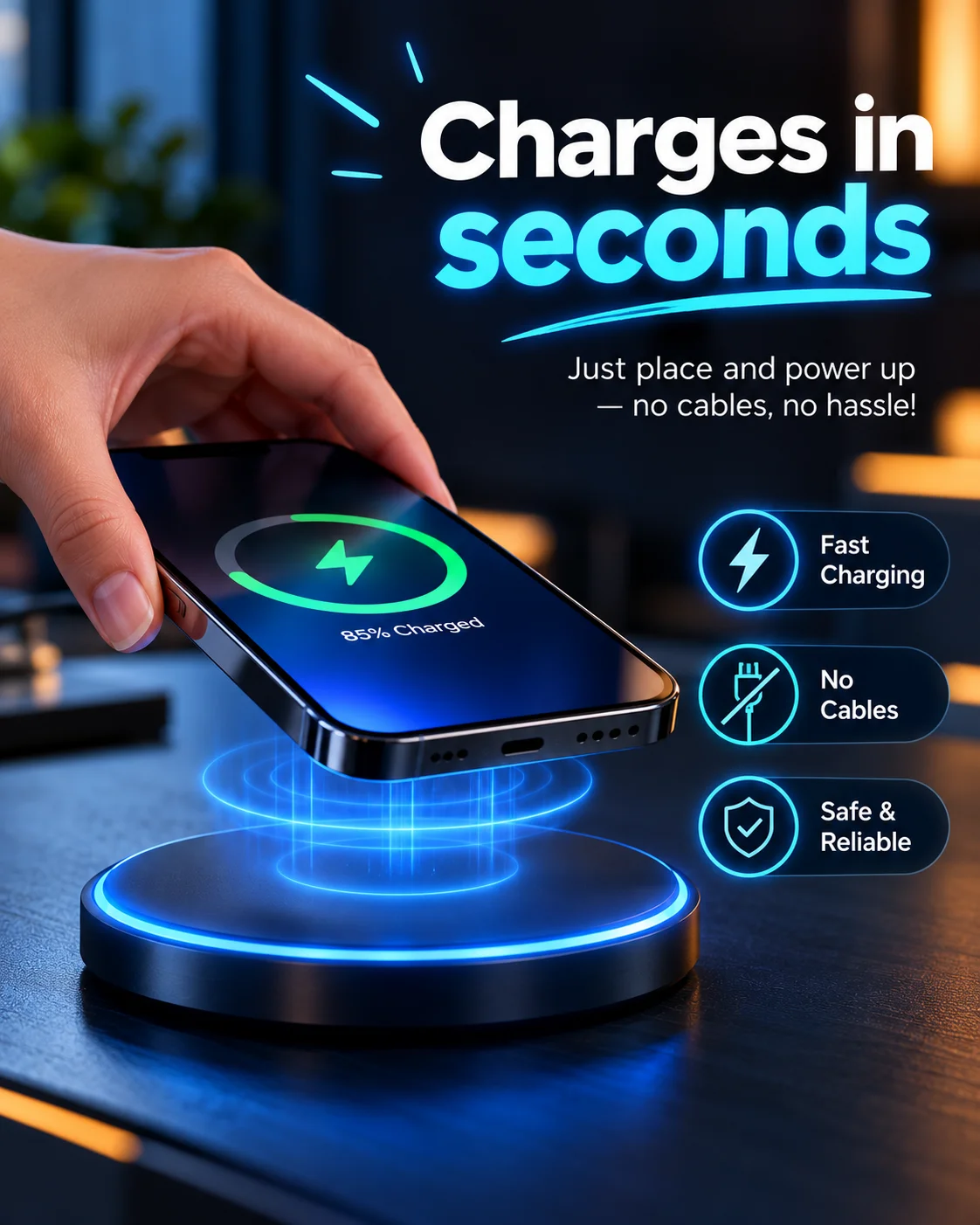 Vertical video frame of a phone on a wireless charging pad with a 'charges in seconds' caption