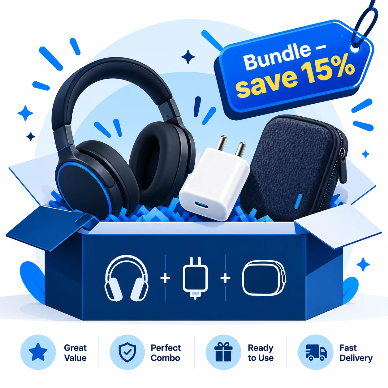 Gadget bundle box with headphones, charger and case and a bundle save 15 percent price tag