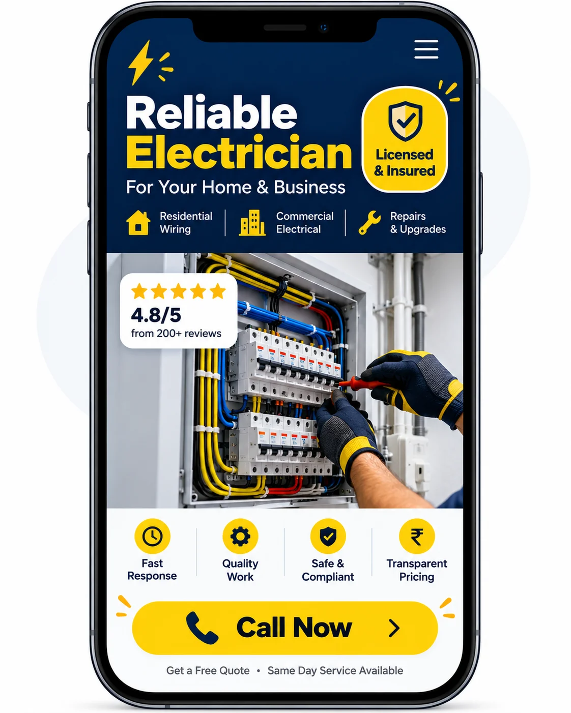 Smartphone mockup of an electrician landing page with licensed and insured badge, reviews and a Call Now button