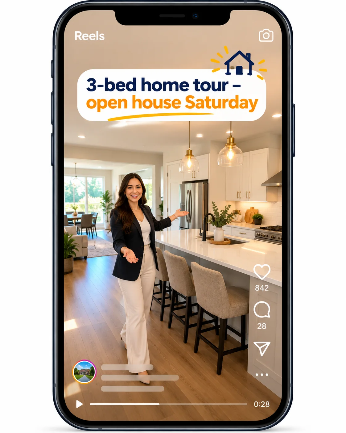 Instagram-style Reels frame of a modern kitchen property tour with a 3-bed home tour open house caption