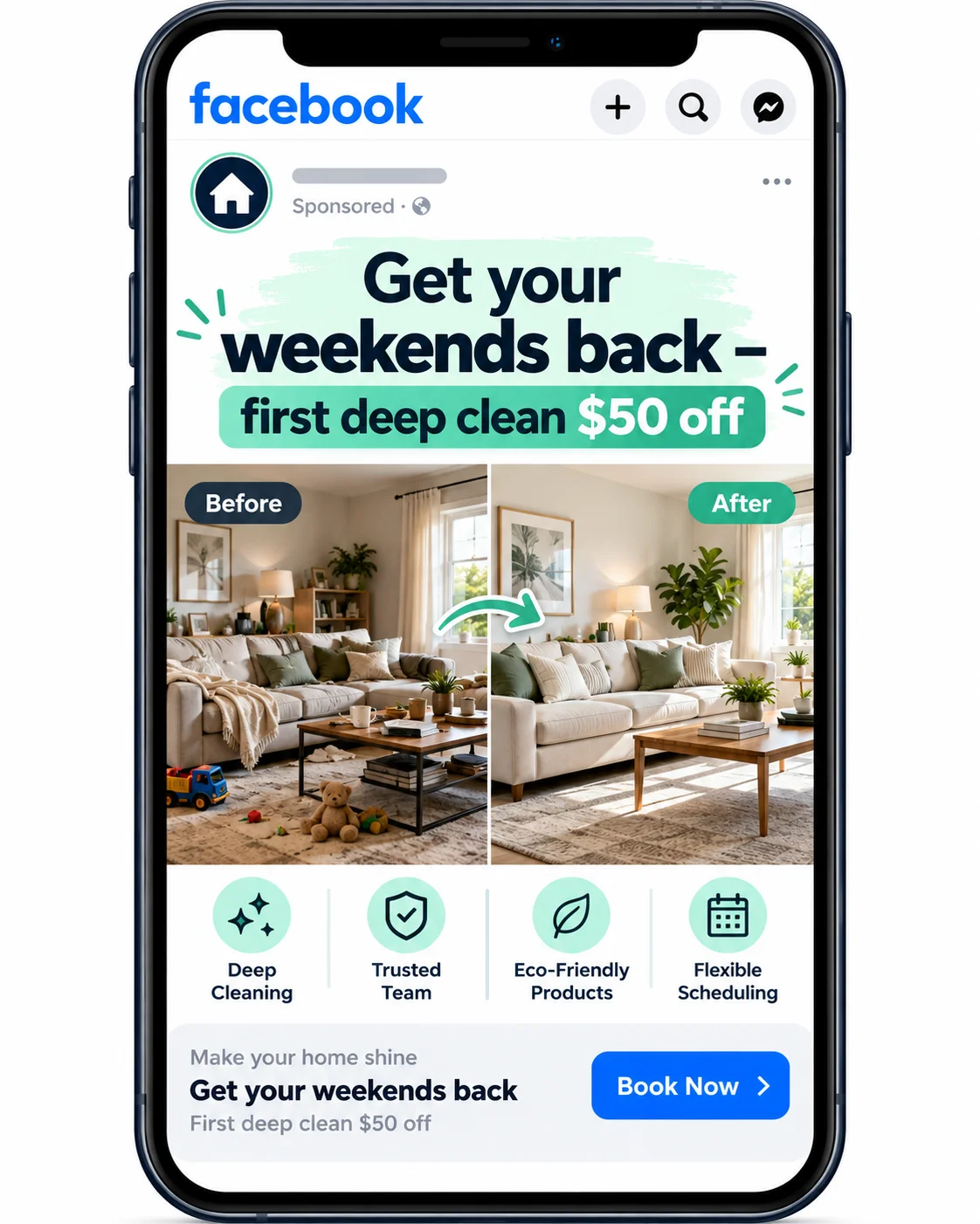 Facebook-style cleaning ad on a smartphone with a sparkling living room and a first deep clean $50 off offer
