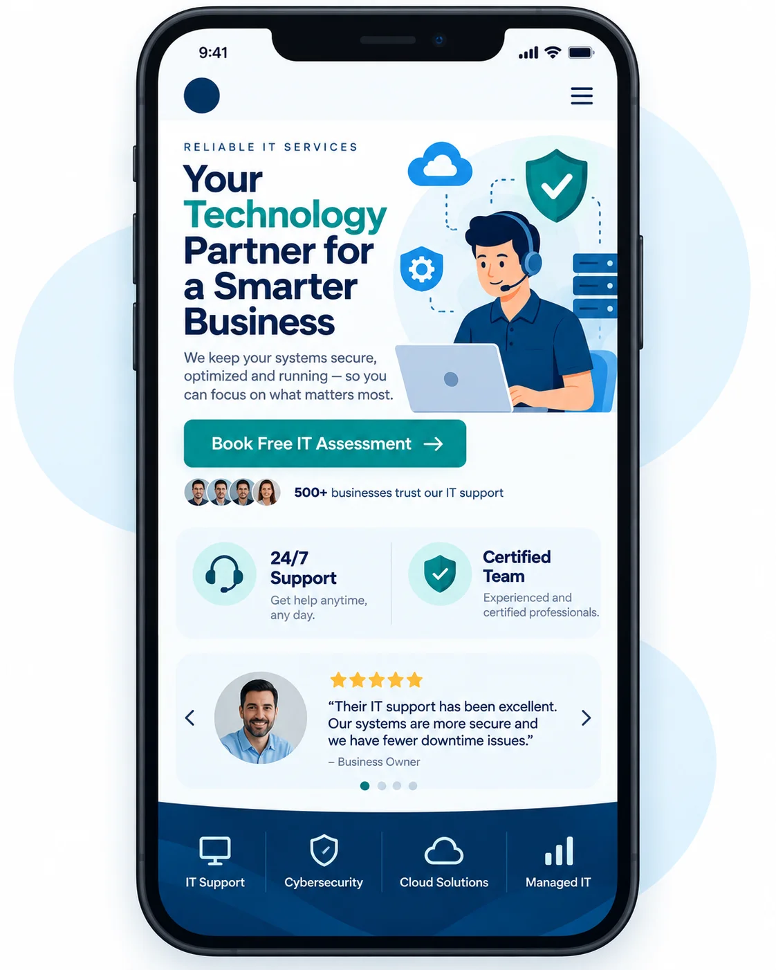Smartphone mockup of an IT services landing page with support badges, testimonial and a free IT assessment button