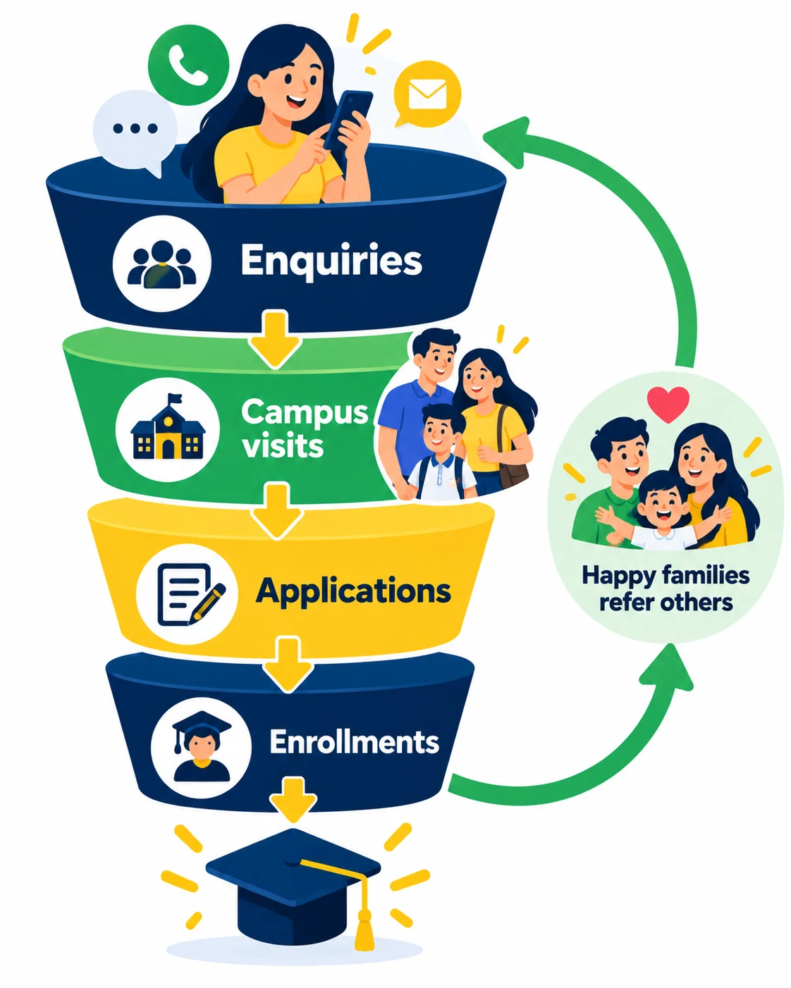 Enrollment funnel from enquiries to campus visits, applications and enrollments with a happy families refer others loop