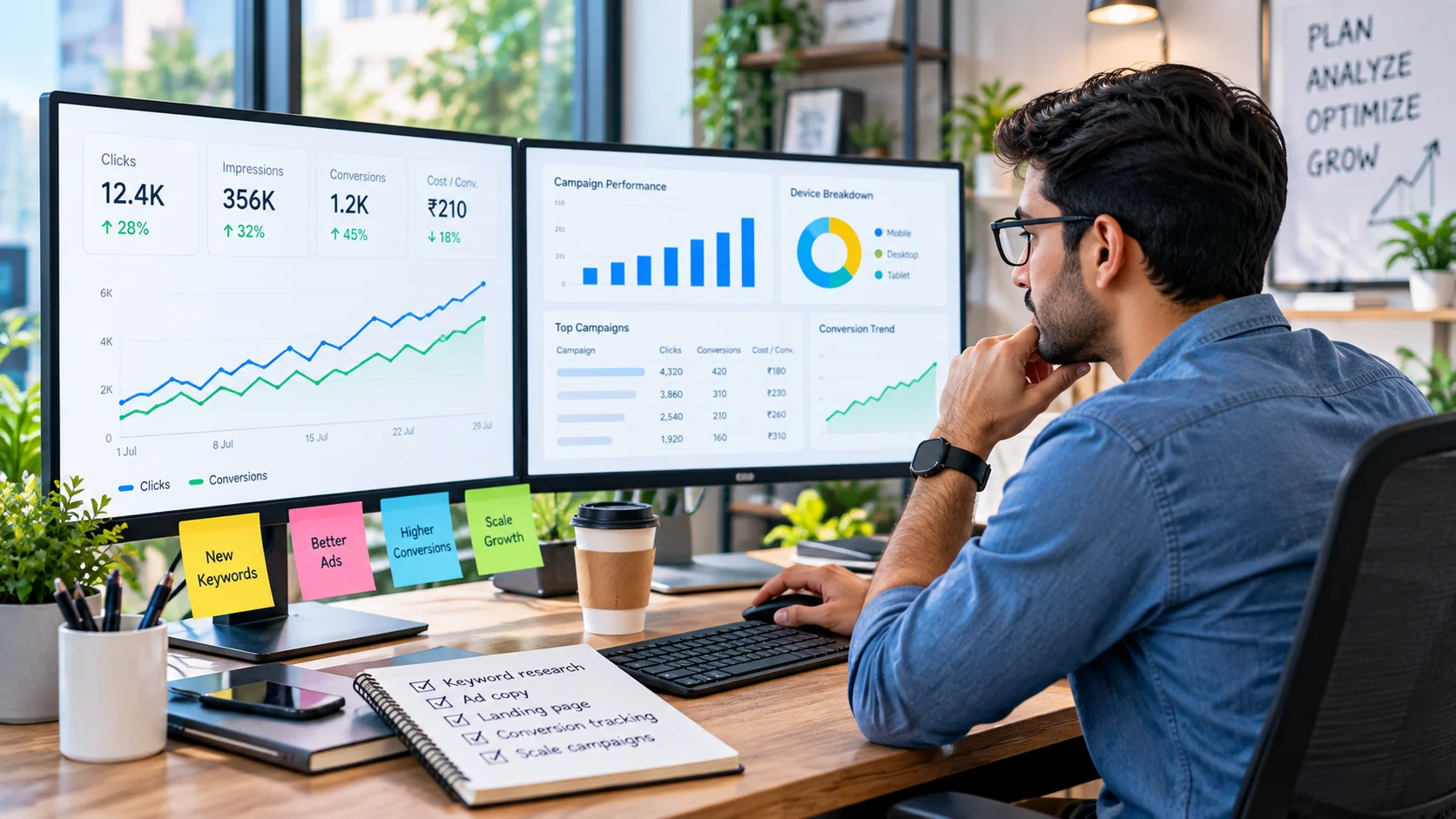 Digital marketer analyzing Google Ads campaign charts on two monitors