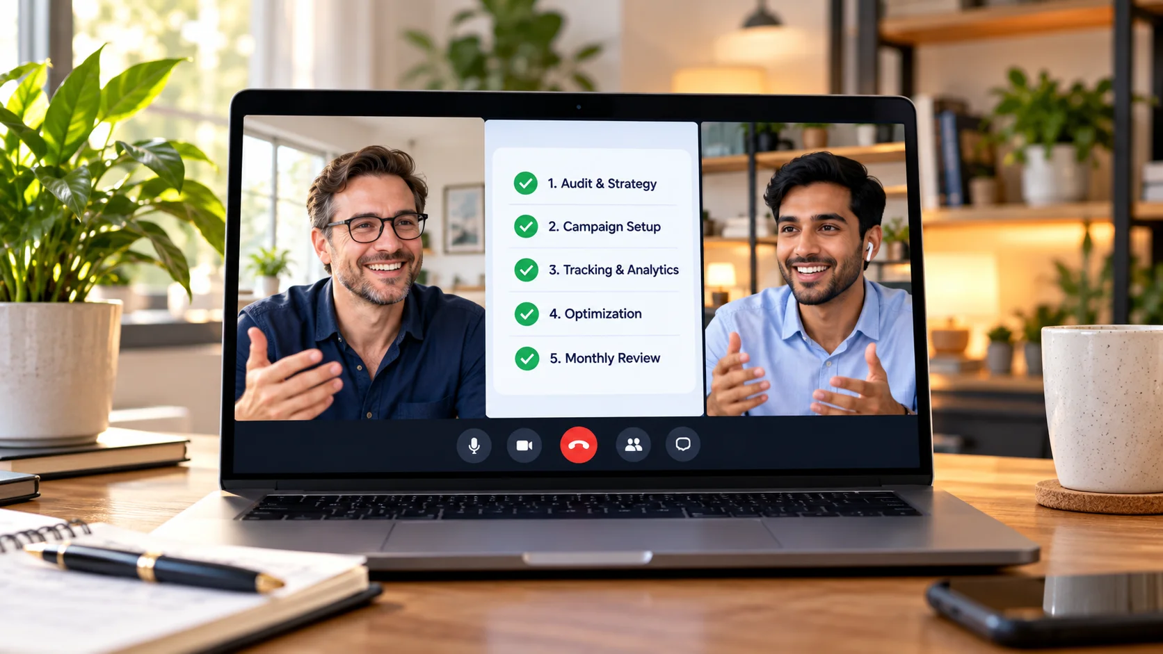 Video call between a business owner and a marketing consultant with a five-item checklist